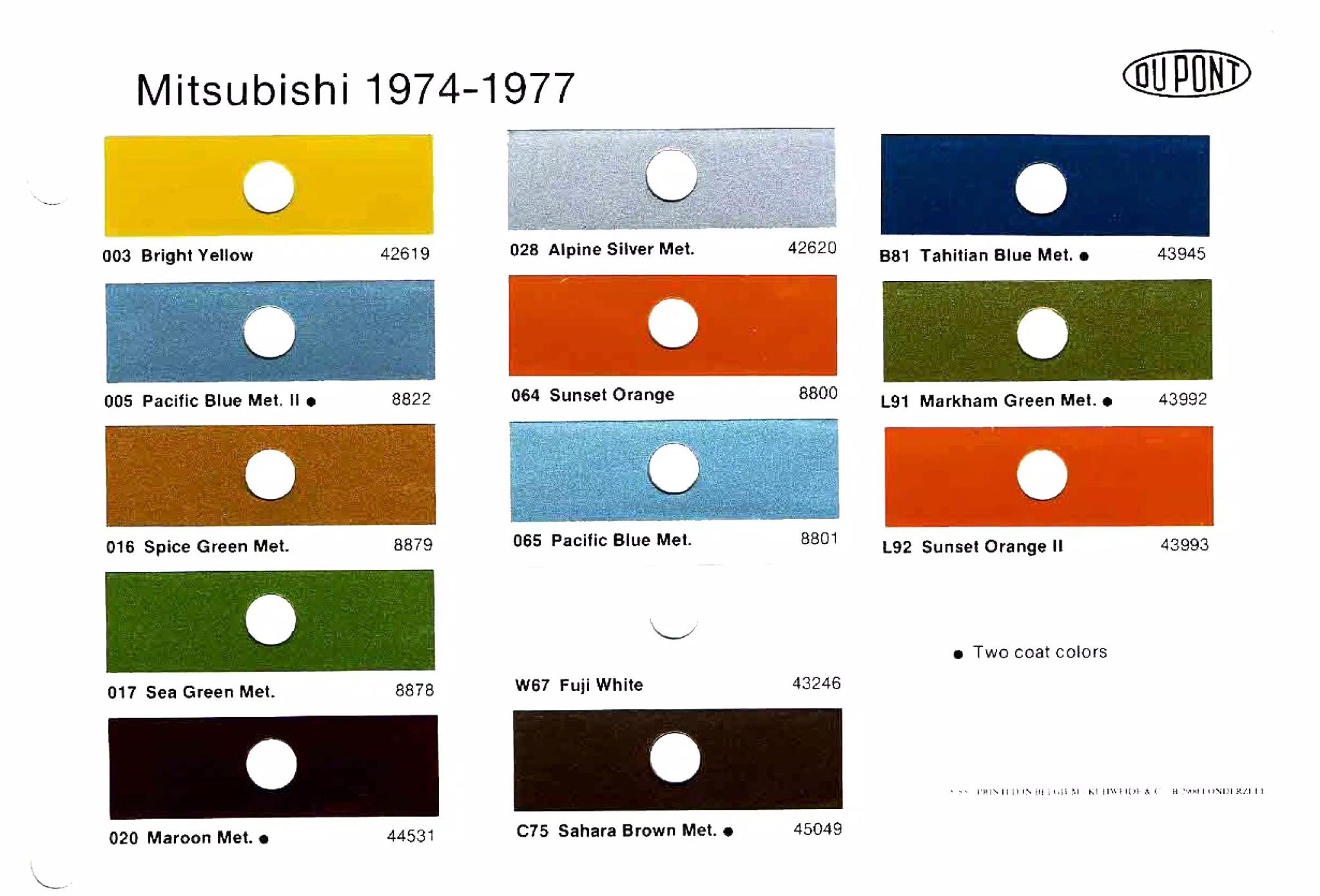 1974-1977 Mitsubishi Paint Codes & Color Chart A paint code chart displaying various color swatches and corresponding codes. This chart is used to identify and select specific paint colors for mixing paint and or buying paint for your Mitsubishi vehicle. There are only so many paints used every year. This chart helps you decide what color it is.