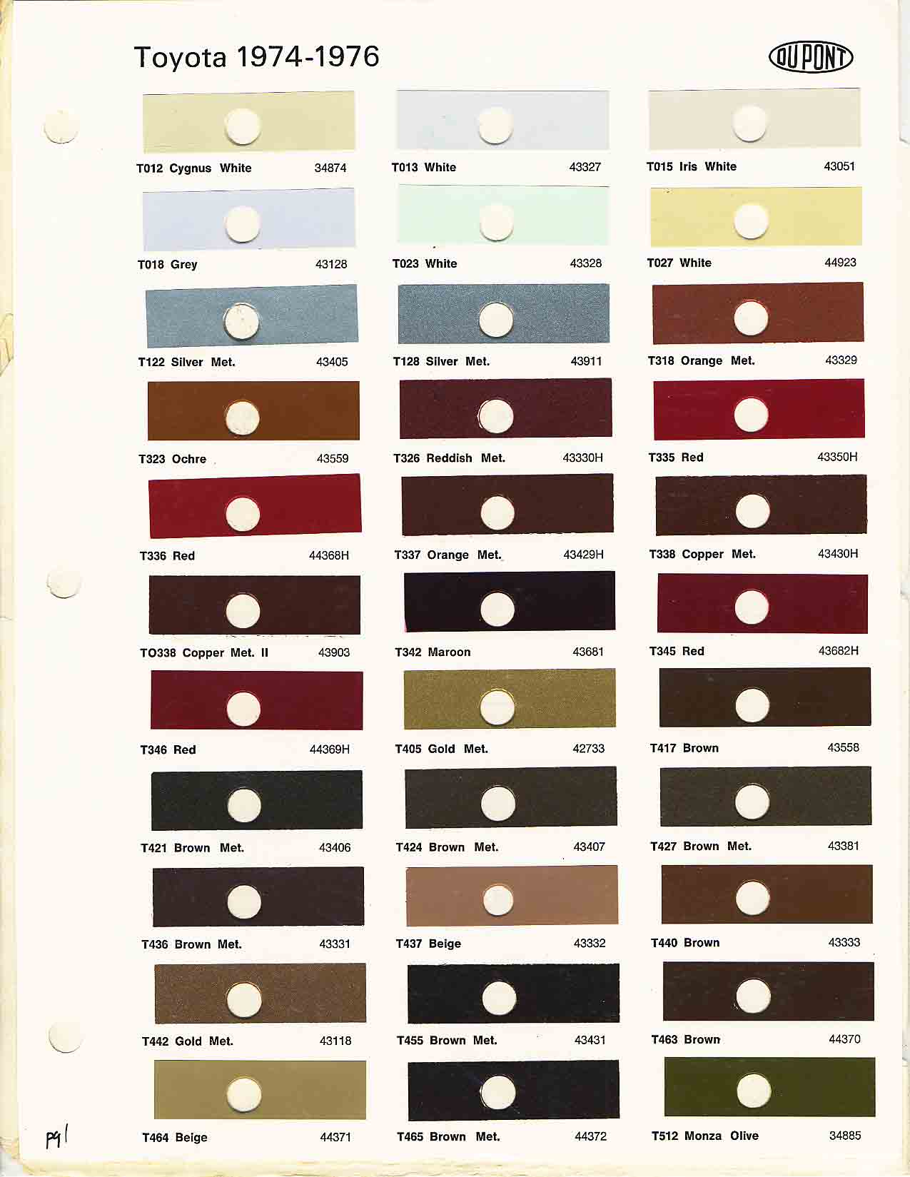 Toyota 1974 - 1976 Toyota Paint Codes, Toyota Color Chart