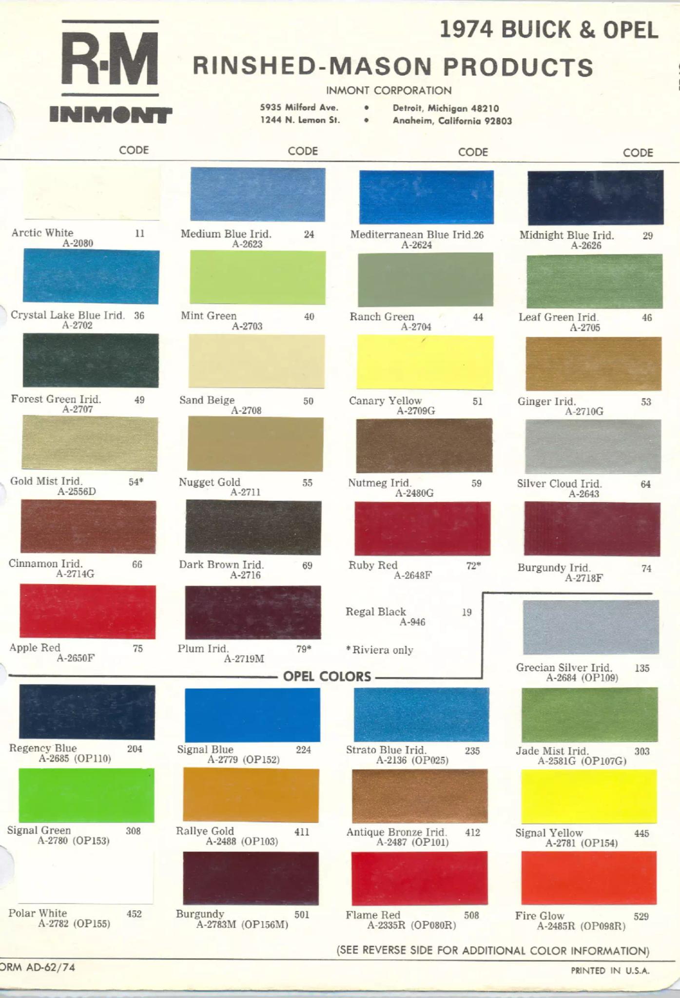 1974 Buick and Opel Paint Chart Buick color chart that contains color codes and paint swatches for the exterior color of a Buick vehicle.