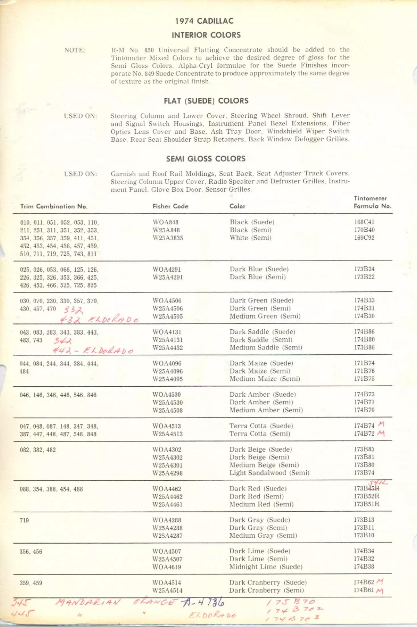 1974 Cadillac Interior Paint Codes & Color Chart Paint color examples, their ordering codes, the oem color code, and vehicles the color was used on
