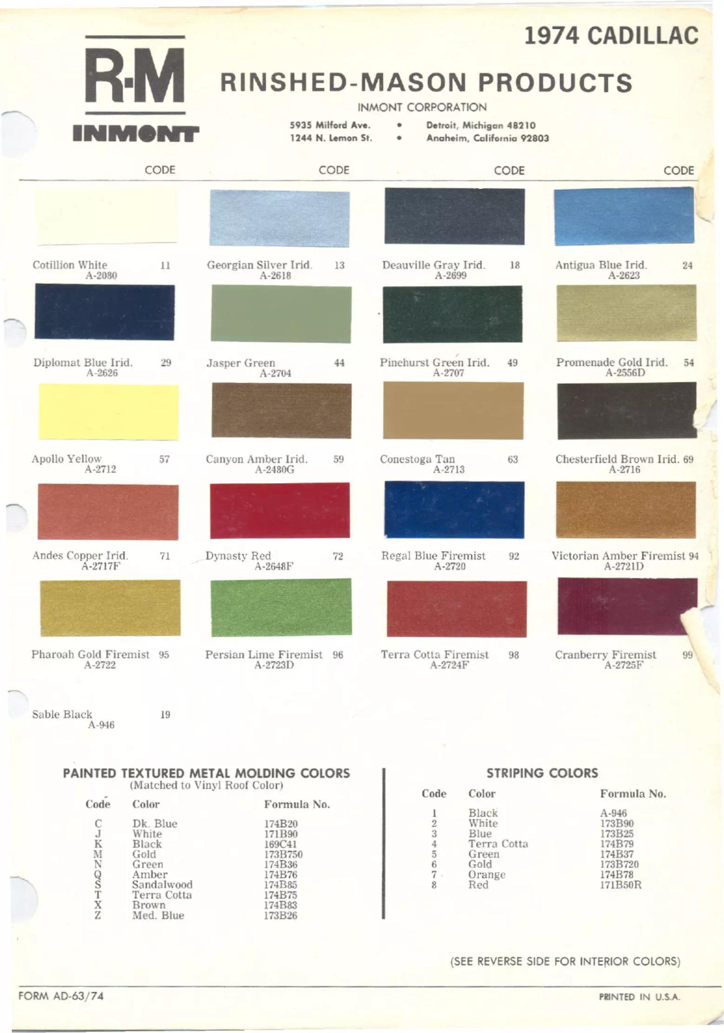 1974 Cadillac Paint Codes & Color Chart Paint color examples, their ordering codes, the oem color code, and vehicles the color was used on