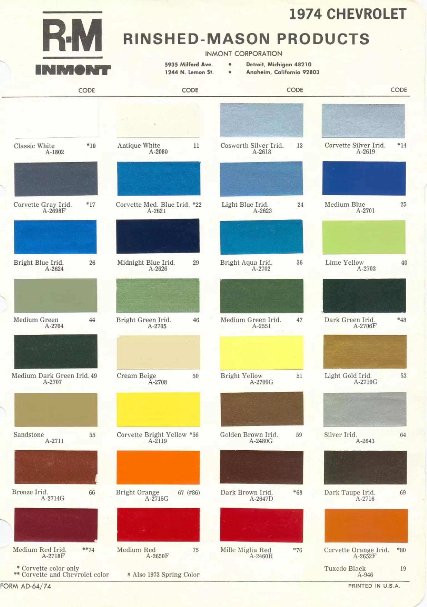 1974 Chevrolet Paint Codes & Color Chart Paint color examples, their ordering codes, the oem color code, and vehicles the color was used on