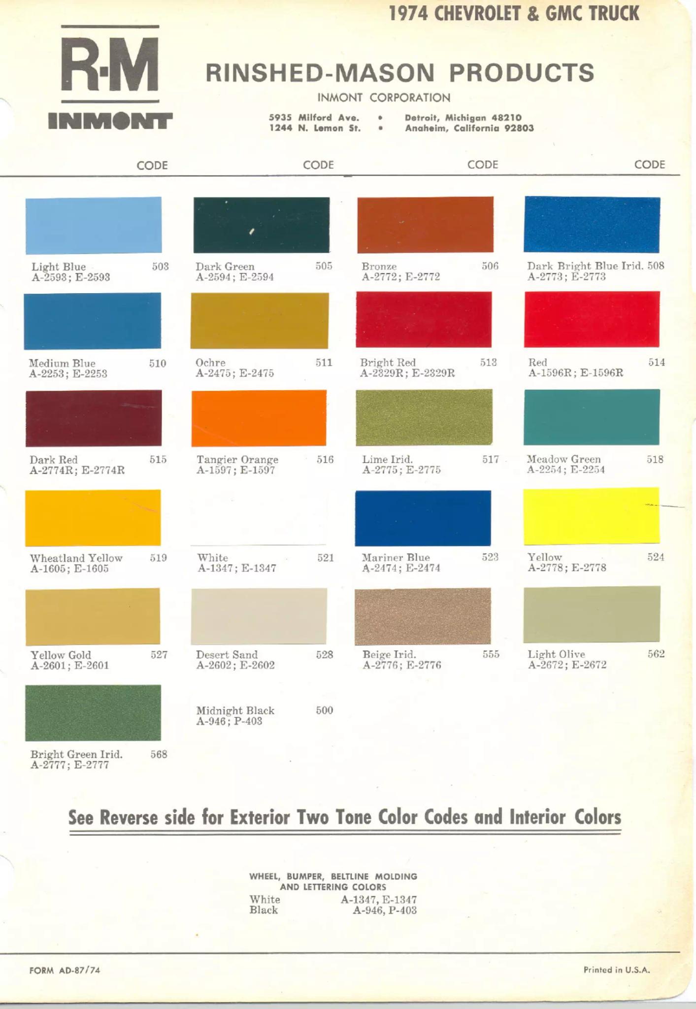 1974 Chevrolet Paint Codes & Color Chart Paint color examples, their ordering codes, the oem color code, and vehicles the color was used on