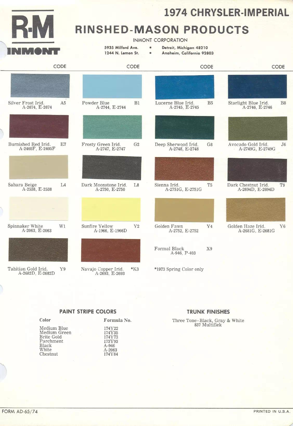 1974 Chrysler Corp Paint Codes & Color Chart Paint color examples, their ordering codes, the oem color code, and vehicles the color was used on