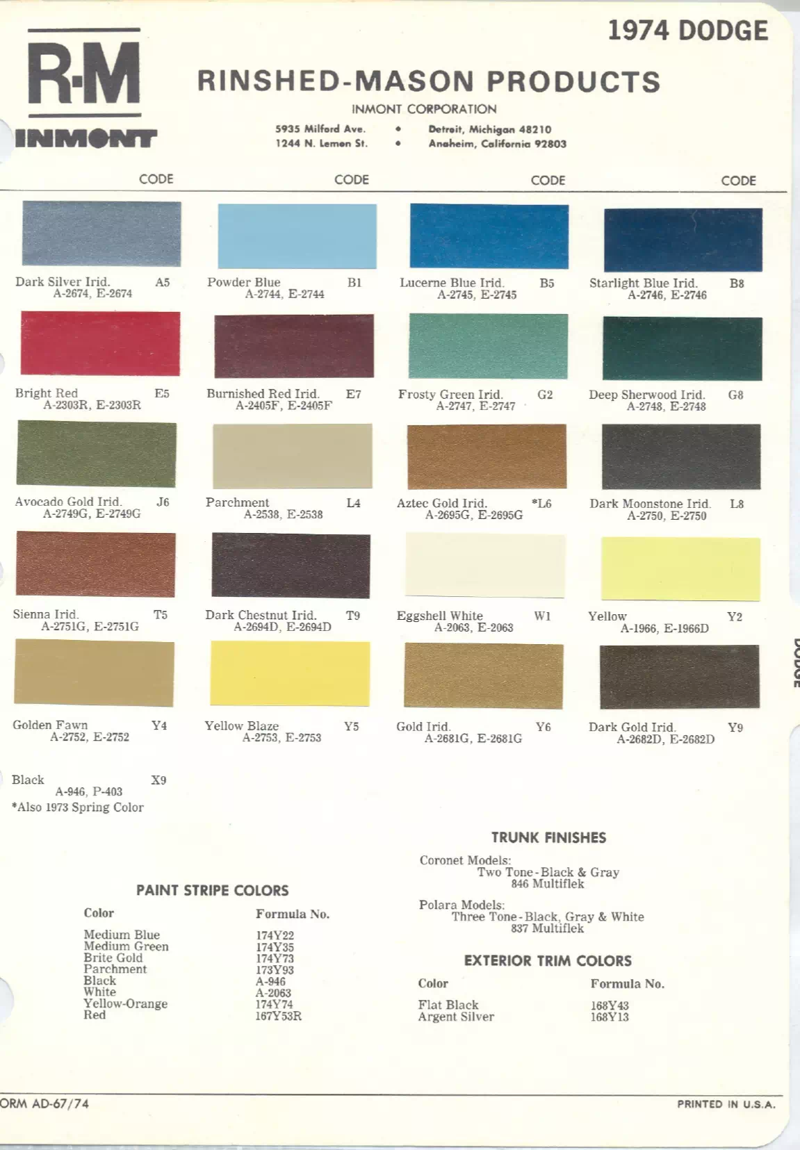1974 Dodge Paint Codes & Color Chart Paint color examples, their ordering codes, the oem color code, and vehicles the color was used on