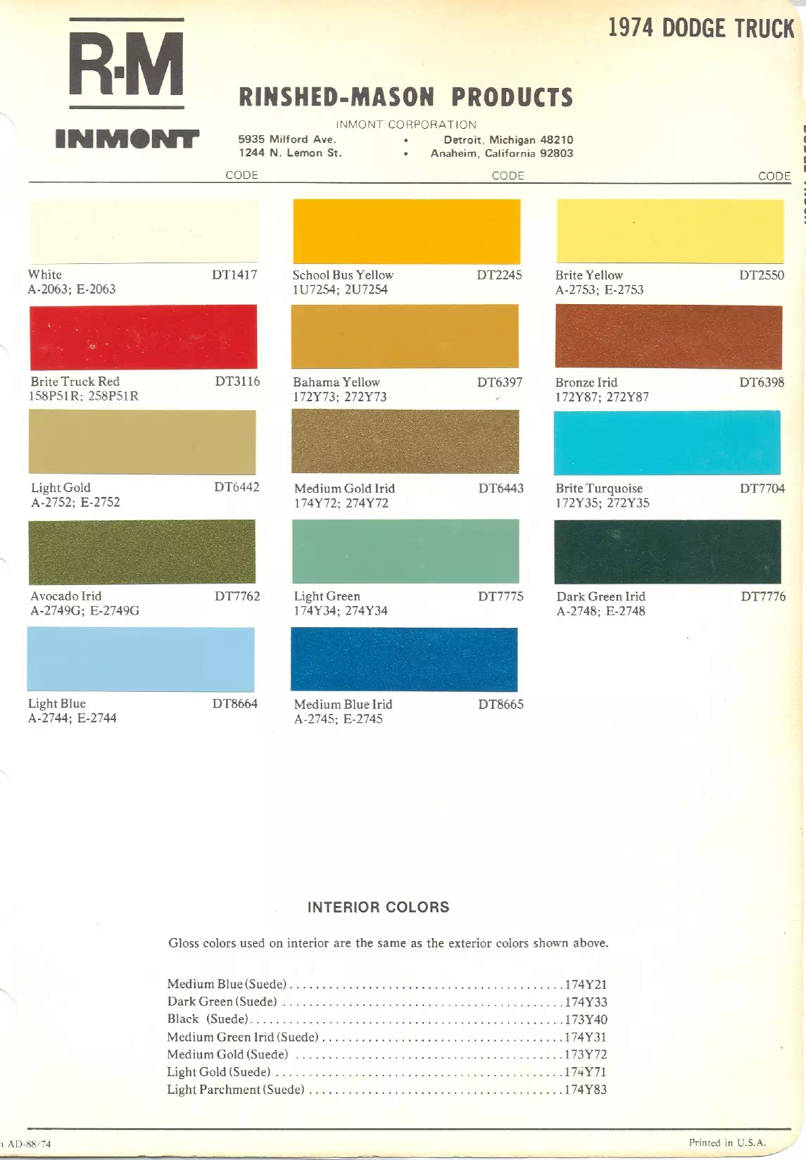 1974 Dodge Truck Paint Codes & Color Chart Paint color examples, their ordering codes, the oem color code, and vehicles the color was used on