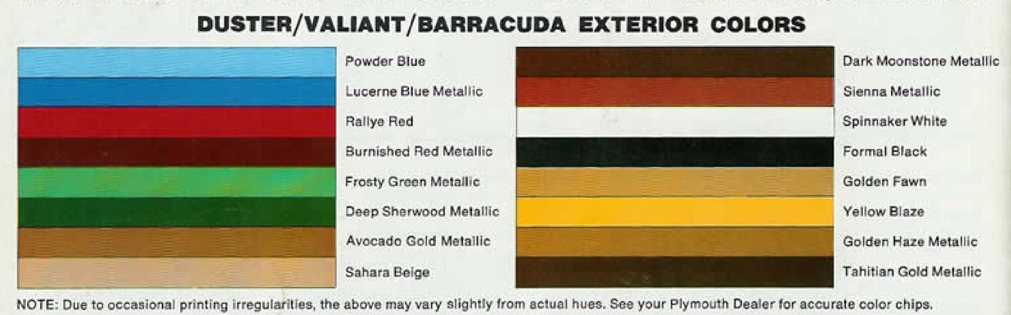 1973 Plymouth Duster Valiant Barracuda Color Chart 1974 Exterior Colors for Plymouth vehicles