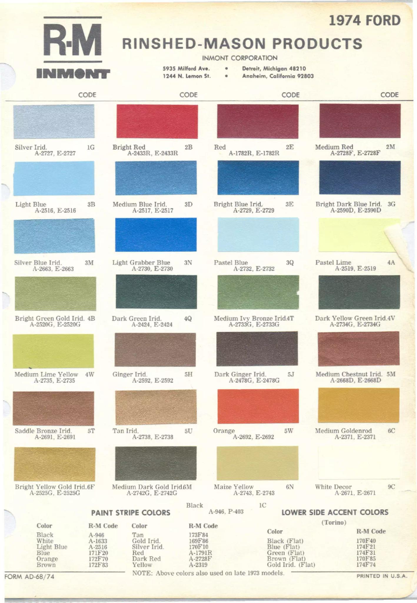 1974 Ford Paint Codes & Color Chart Paint color examples, their ordering codes, the oem color code, and vehicles the color was used on