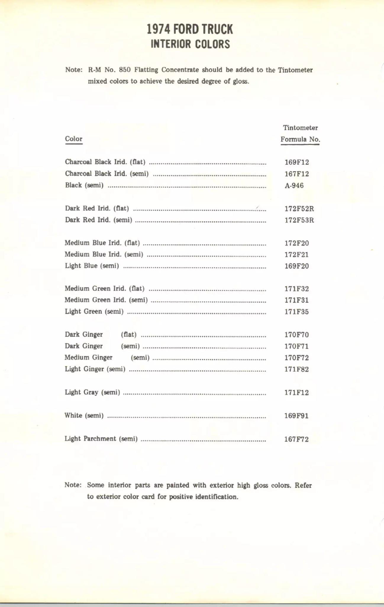 1974 Ford Truck Interior Paint Codes & Color Chart Paint color examples, their ordering codes, the oem color code, and vehicles the color was used on