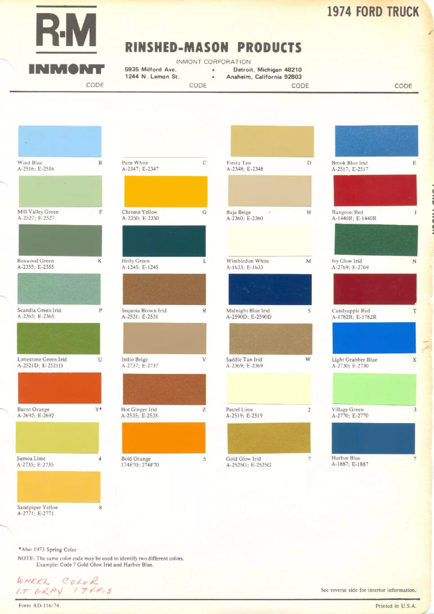 1974 Ford Truck Paint Chart color codes, color examples and ordering codes for the vehicle