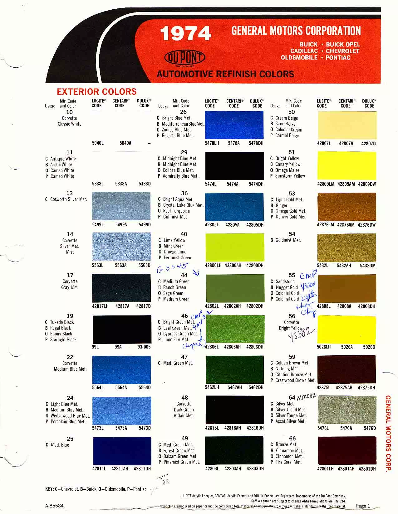 Colors, Descriptions, Codes, and Paint Swatches for General Motors Vehicles in 1974