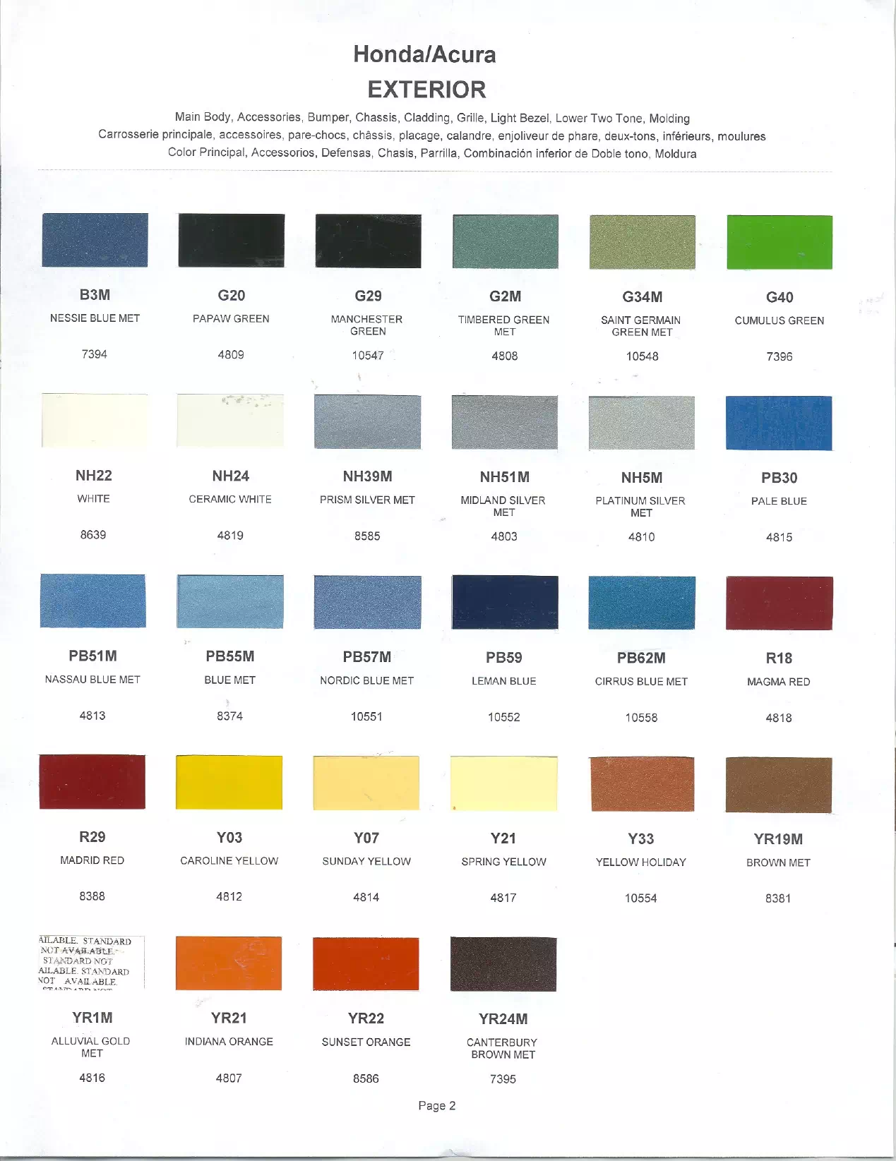 Exterior paint chips and their ordering codes for Honda Vehicles