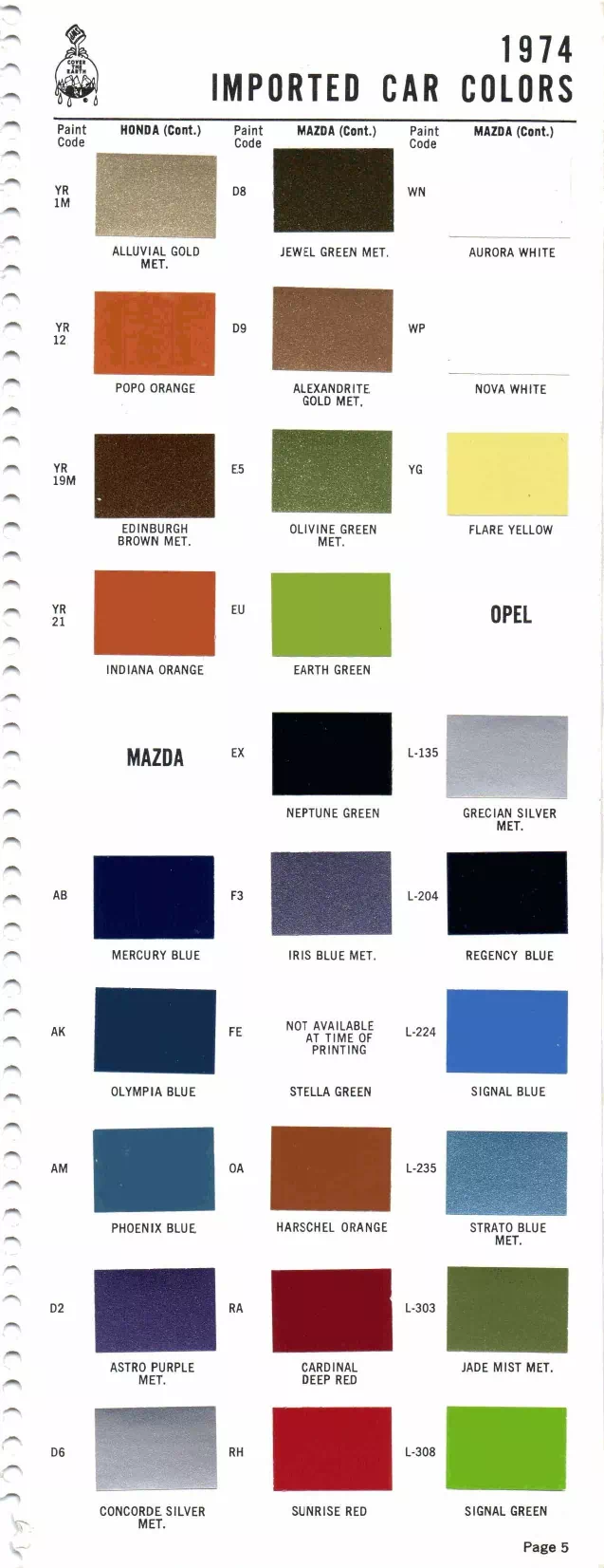 1974 Import Book Honda, Mazda & Opel Paint color examples, their ordering codes, the oem color code, and vehicles the color was used on