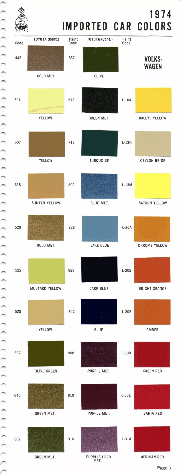 1974 Import Book Toyota & Volkswagen Paint color examples, their ordering codes, the oem color code, and vehicles the color was used on