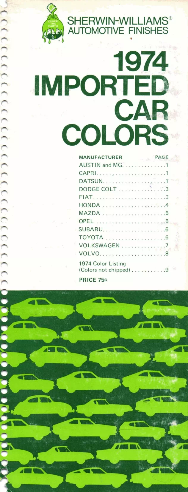 1974 Import Book Front Cover Paint color examples, their ordering codes, the oem color code, and vehicles the color was used on