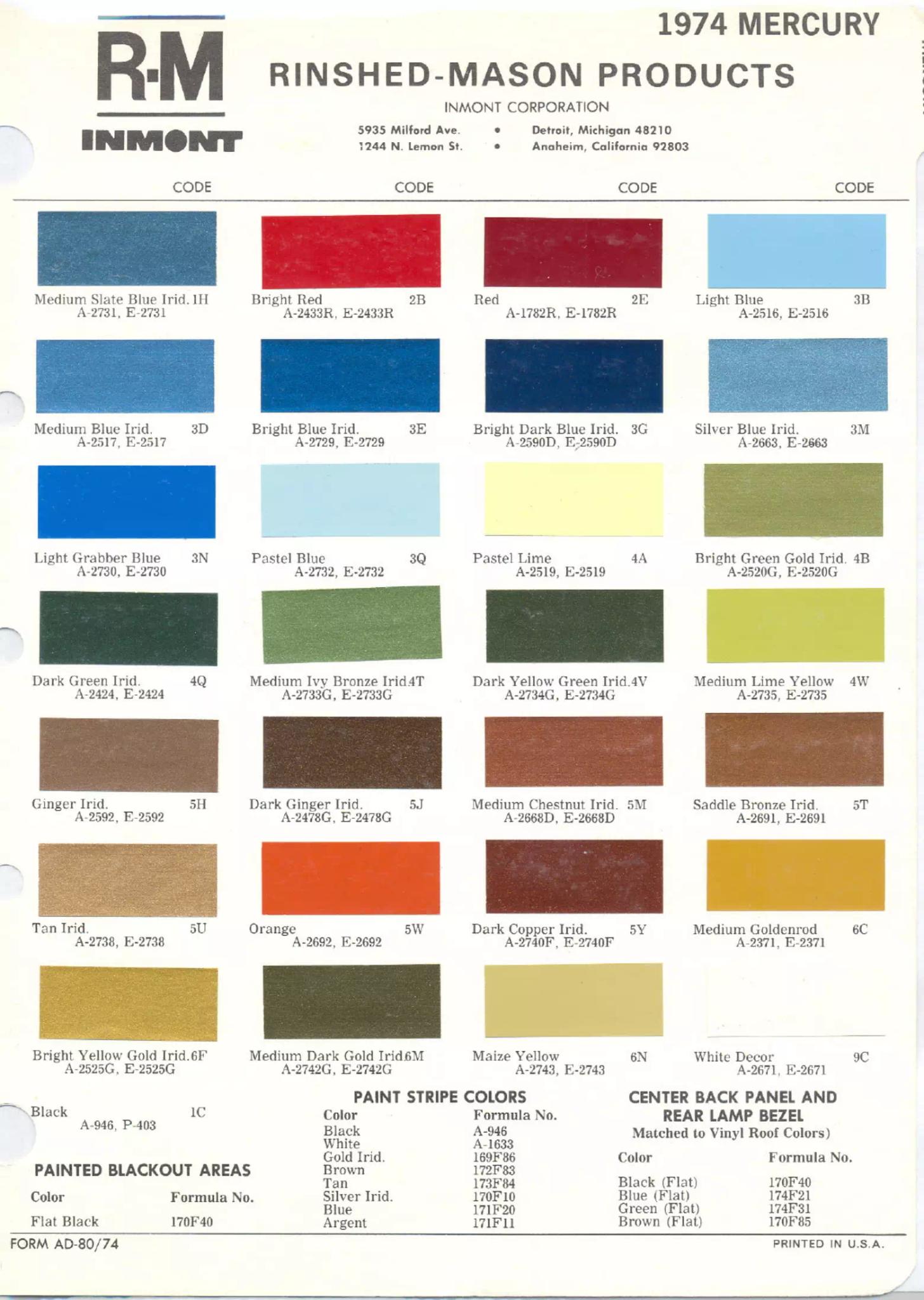1974 Mercury Paint Codes & Color Chart Paint color examples, their ordering codes, the oem color code, and vehicles the color was used on