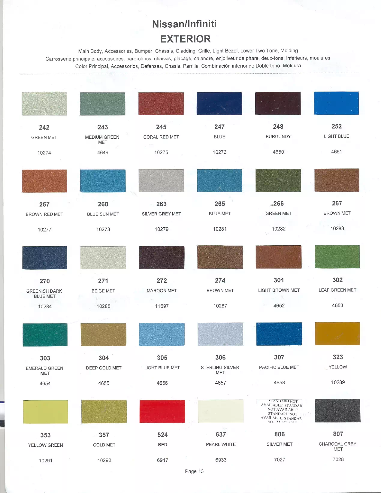 Exterior paint colors for Nissan and Infiniti vehicles and their ordering codes and stock numbers