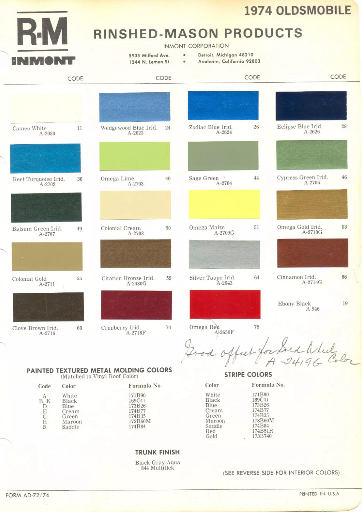 1974 Oldsmobile Paint Codes & Color Chart Paint color examples, their ordering codes, the oem color code, and vehicles the color was used on