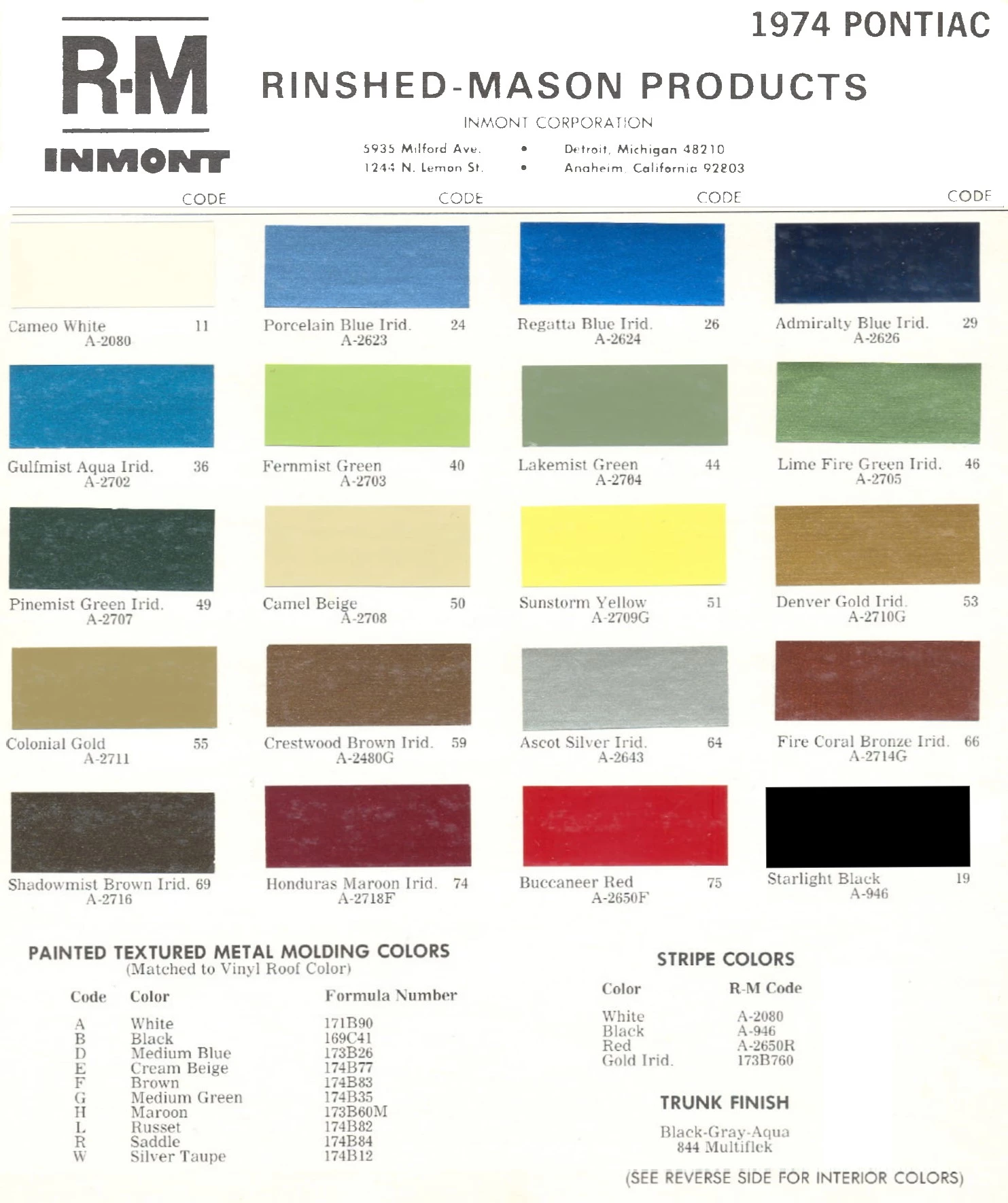 Chart that shows the Colors used on Pontiac Vehicles and the Code to look them up.