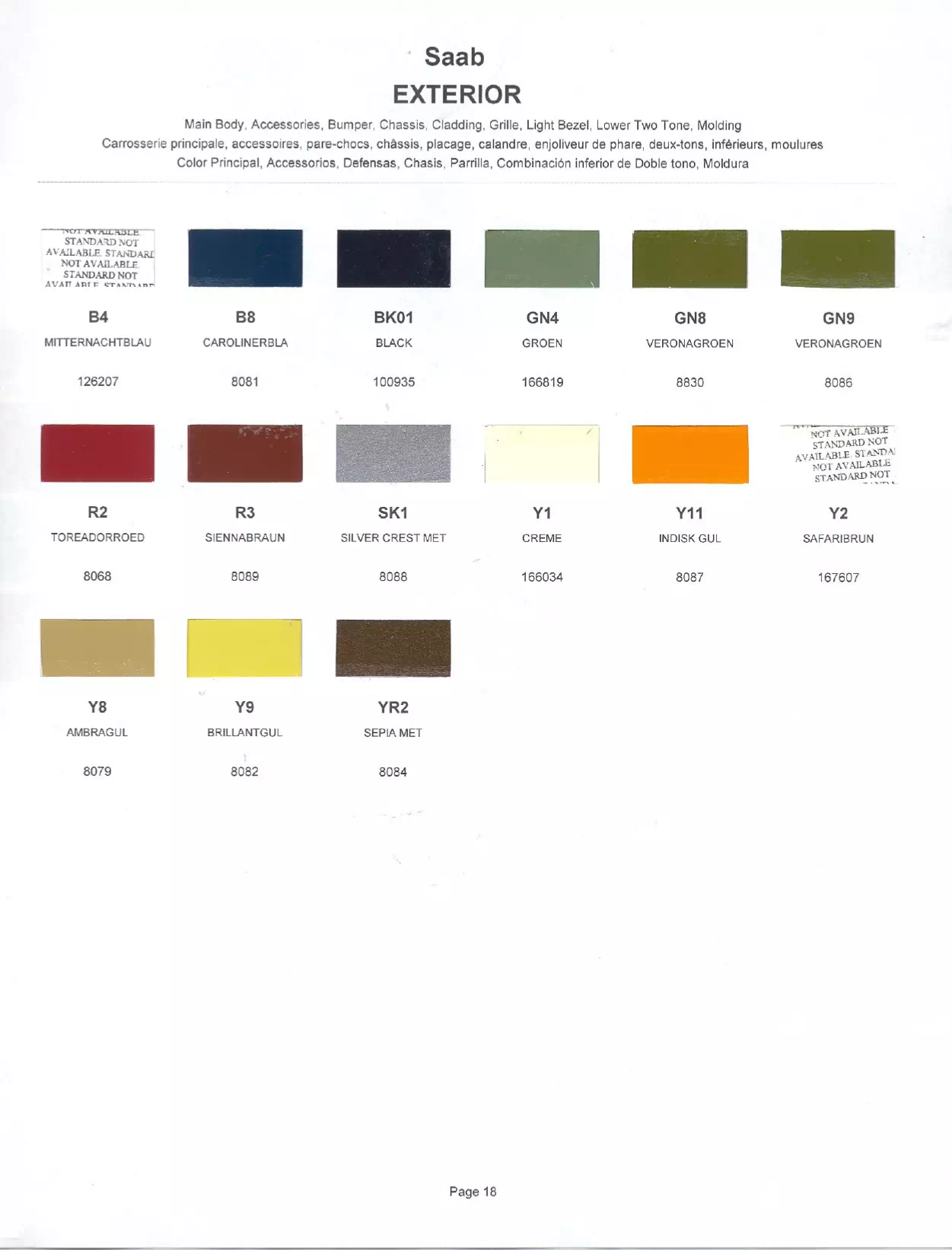 Paint chips of exterior paint colors for Saab vehicles and their ordering paint codes