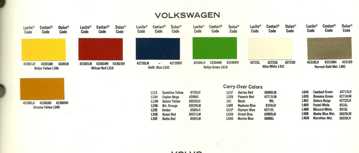 1974 V/W vw paint codes