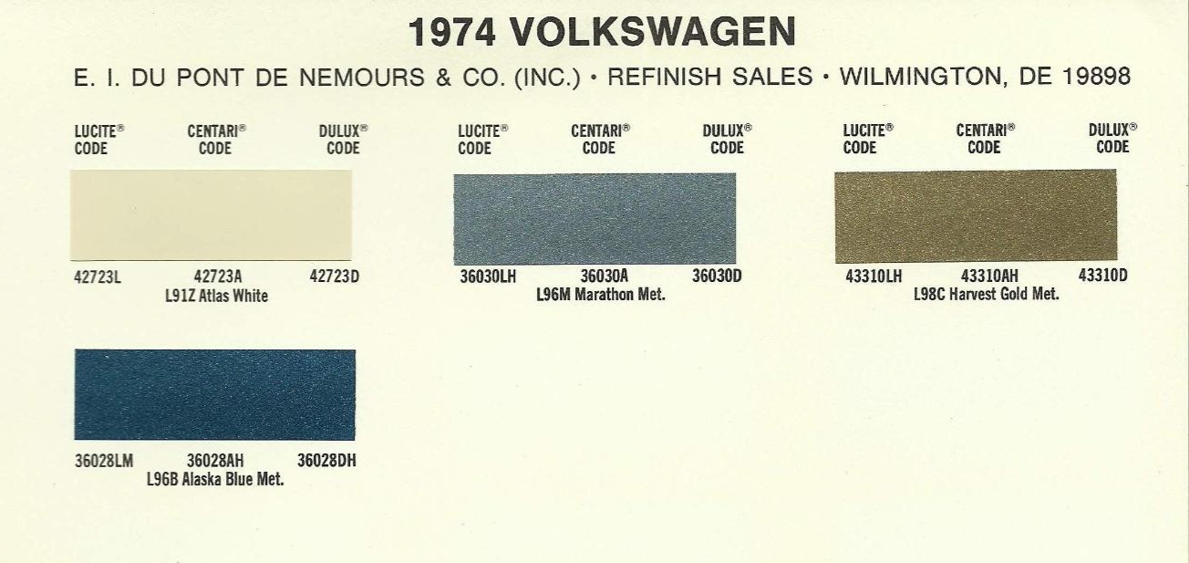 1974 Volkswagen and Audi Paint Code Color Chart