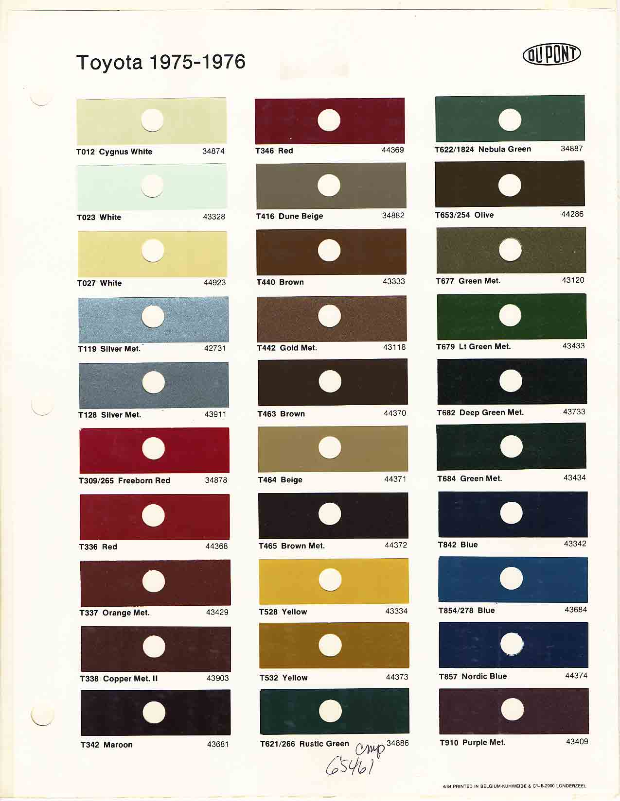 Toyota 1974 - 1976 Toyota Paint Codes, Toyota Color Chart