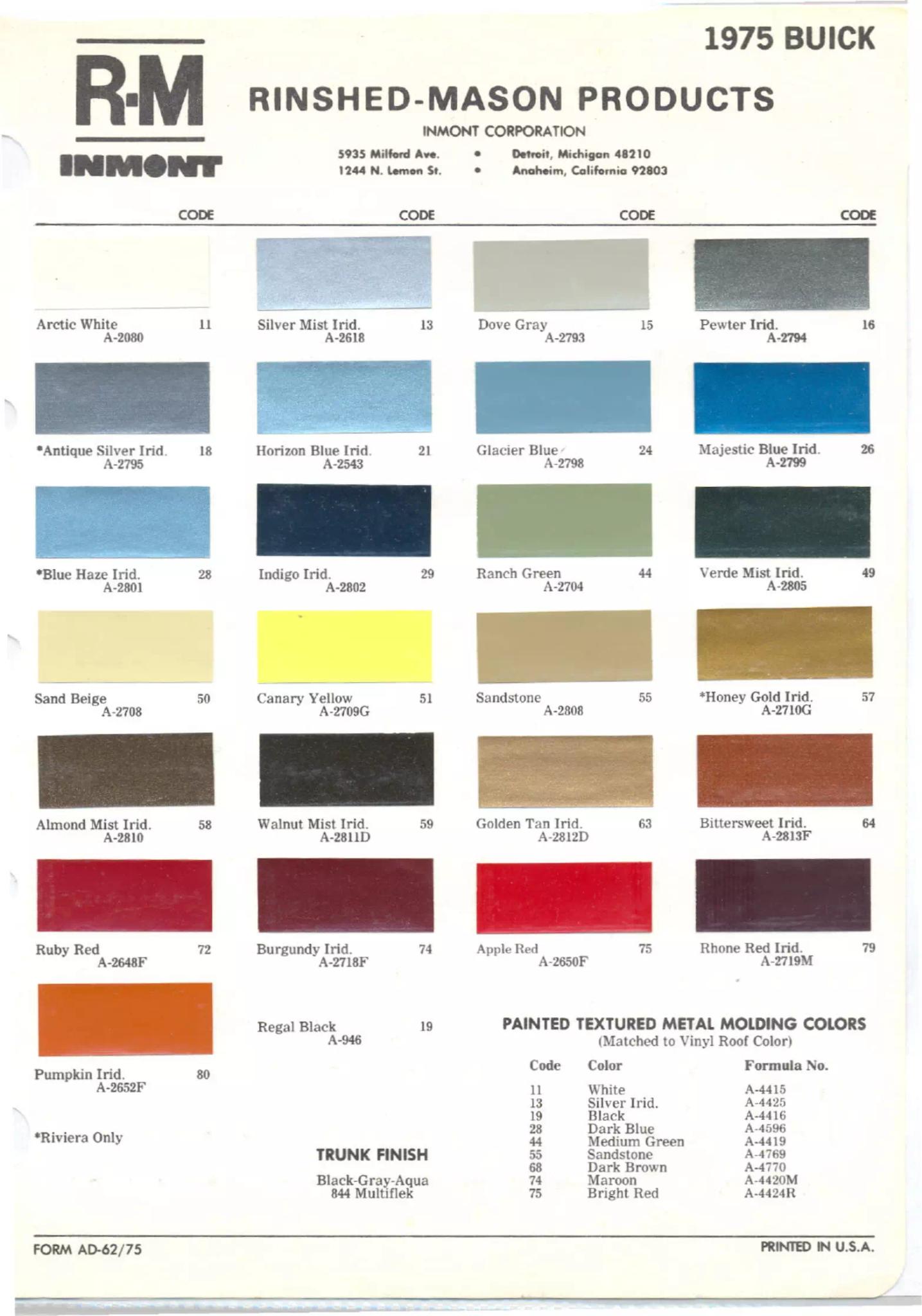 Paint color examples, their ordering codes, the oem color code, and vehicles the color was used on