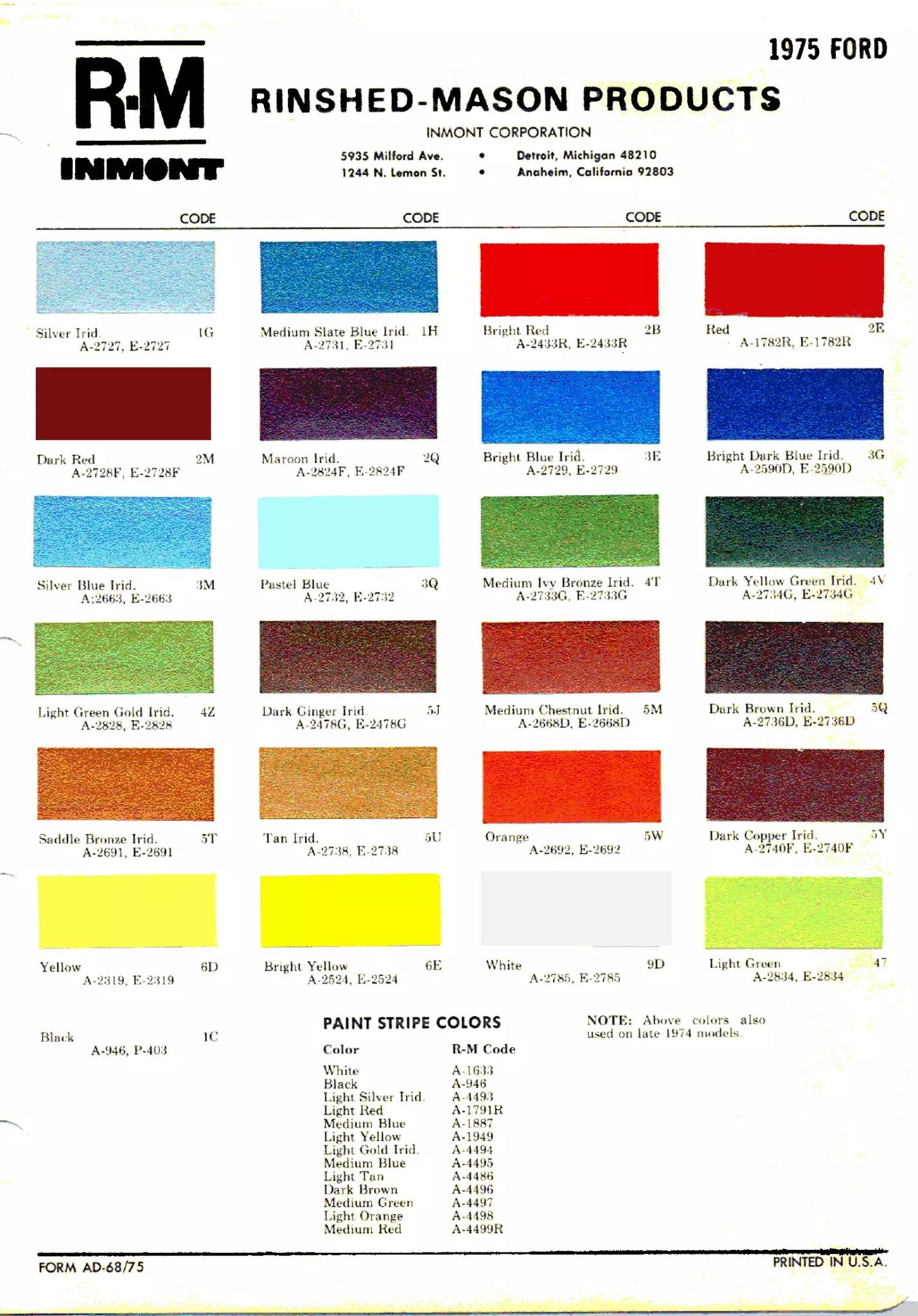 1975 Ford Paint Chart color codes, color examples and ordering codes for the vehicle