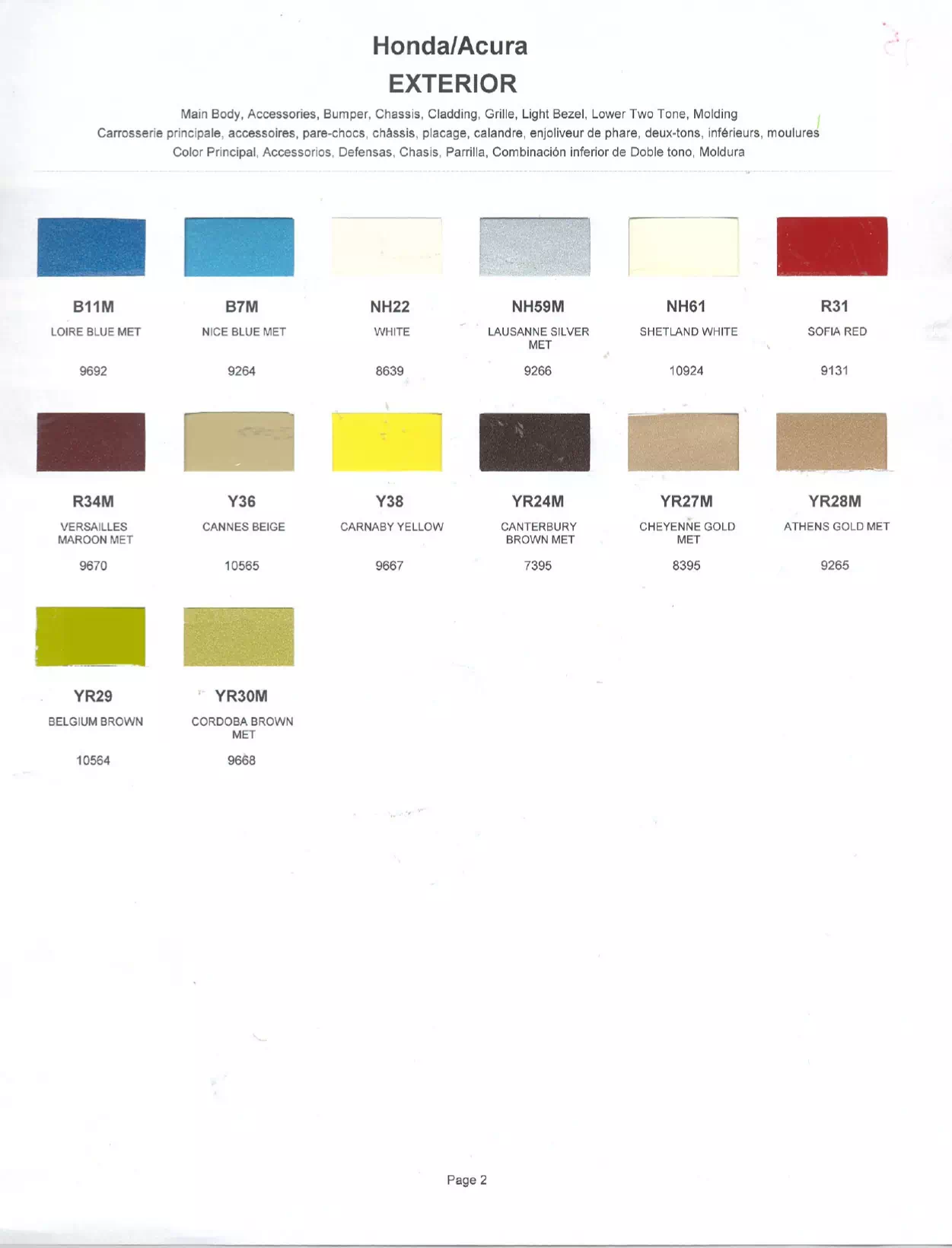 Exterior paint chips and their ordering codes for Honda Vehicles