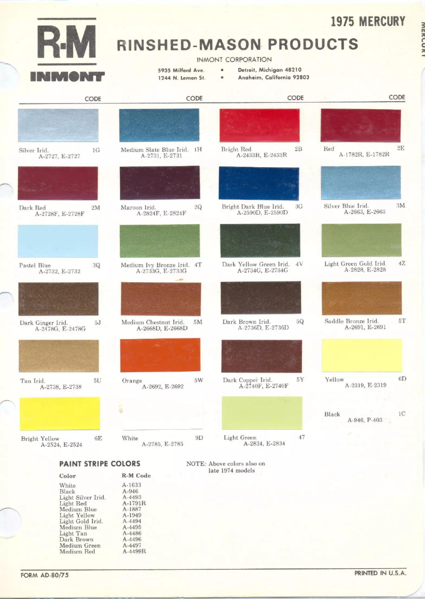 1975 Mercury Paint Chart color codes, color examples and ordering codes for the vehicle