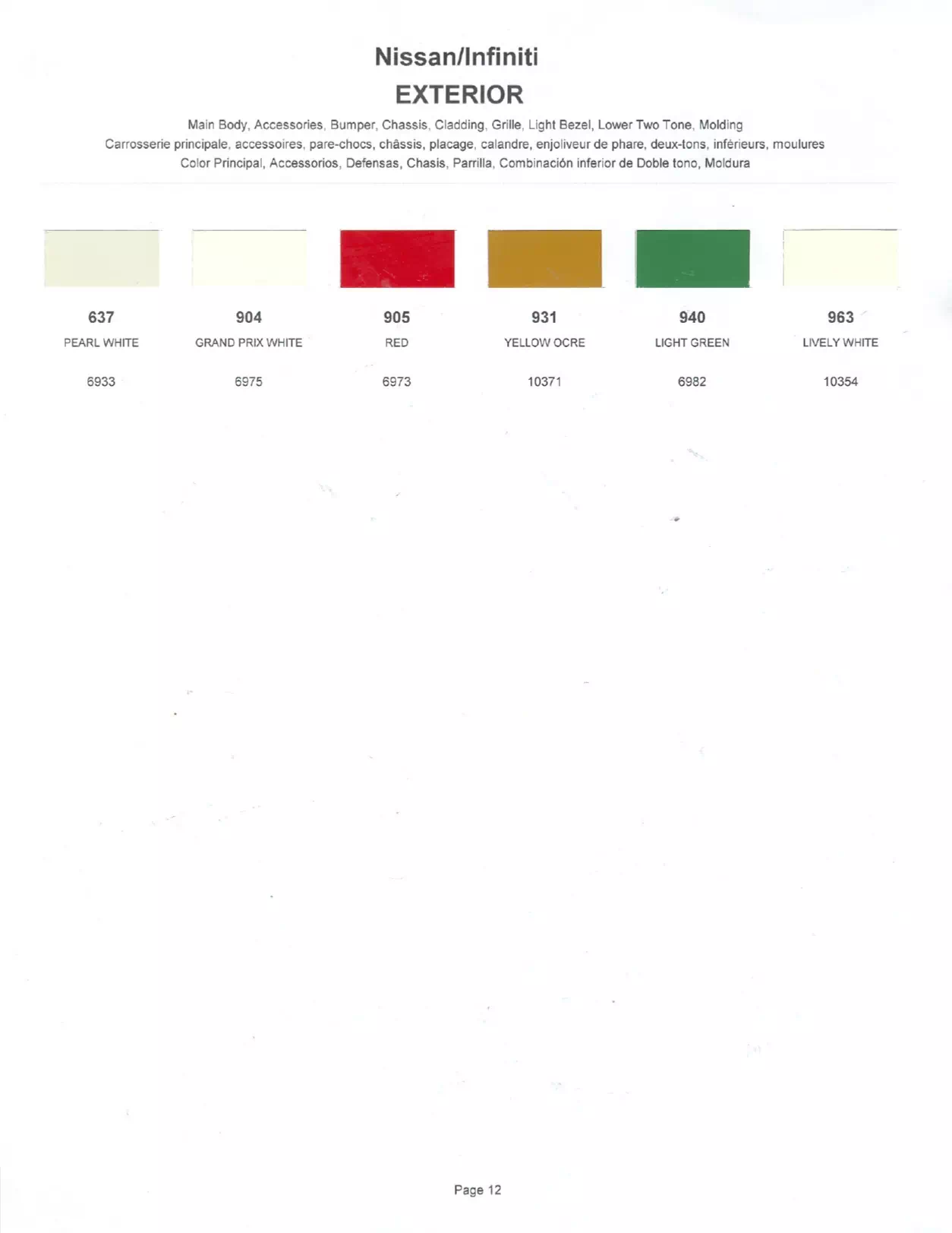 Exterior paint colors for Nissan and Infiniti vehicles and their ordering codes and stock numbers