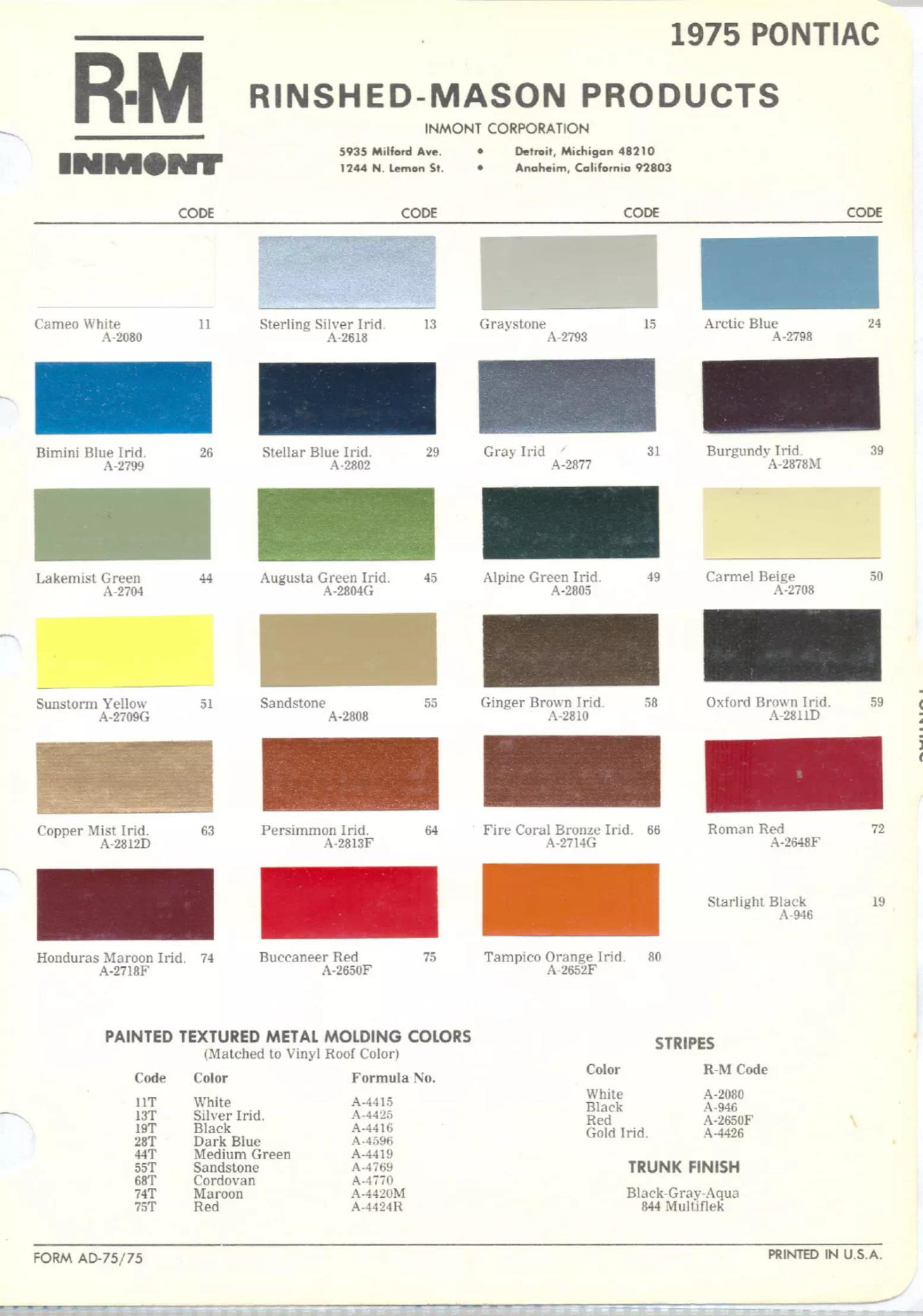 Paint color examples, their ordering codes, the oem color code, and vehicles the color was used on