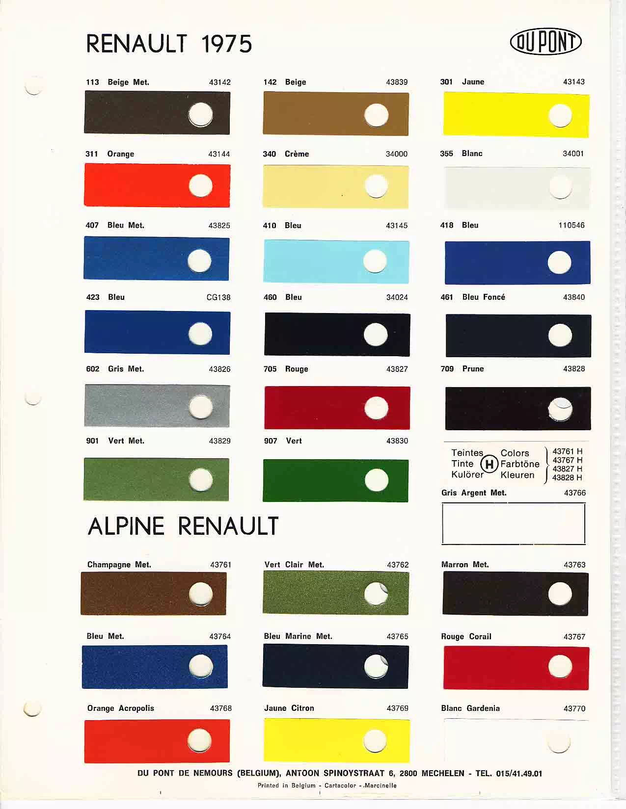 1975 Renault Paint Codes & Color Chart A paint chart for exterior colors, their codes, their names, and swatches for Renault automobiles.