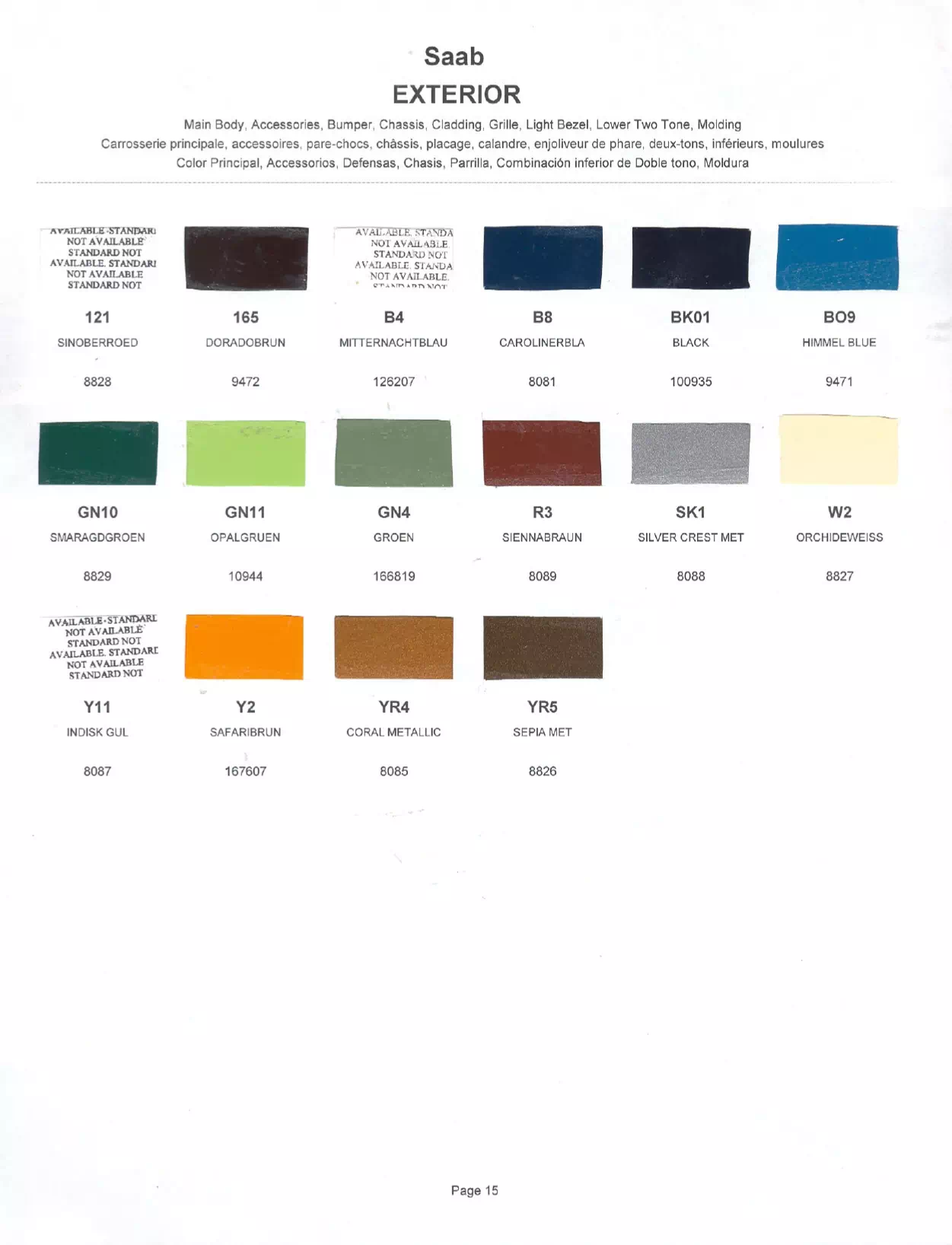 Paint chips of exterior paint colors for Saab vehicles and their ordering paint codes