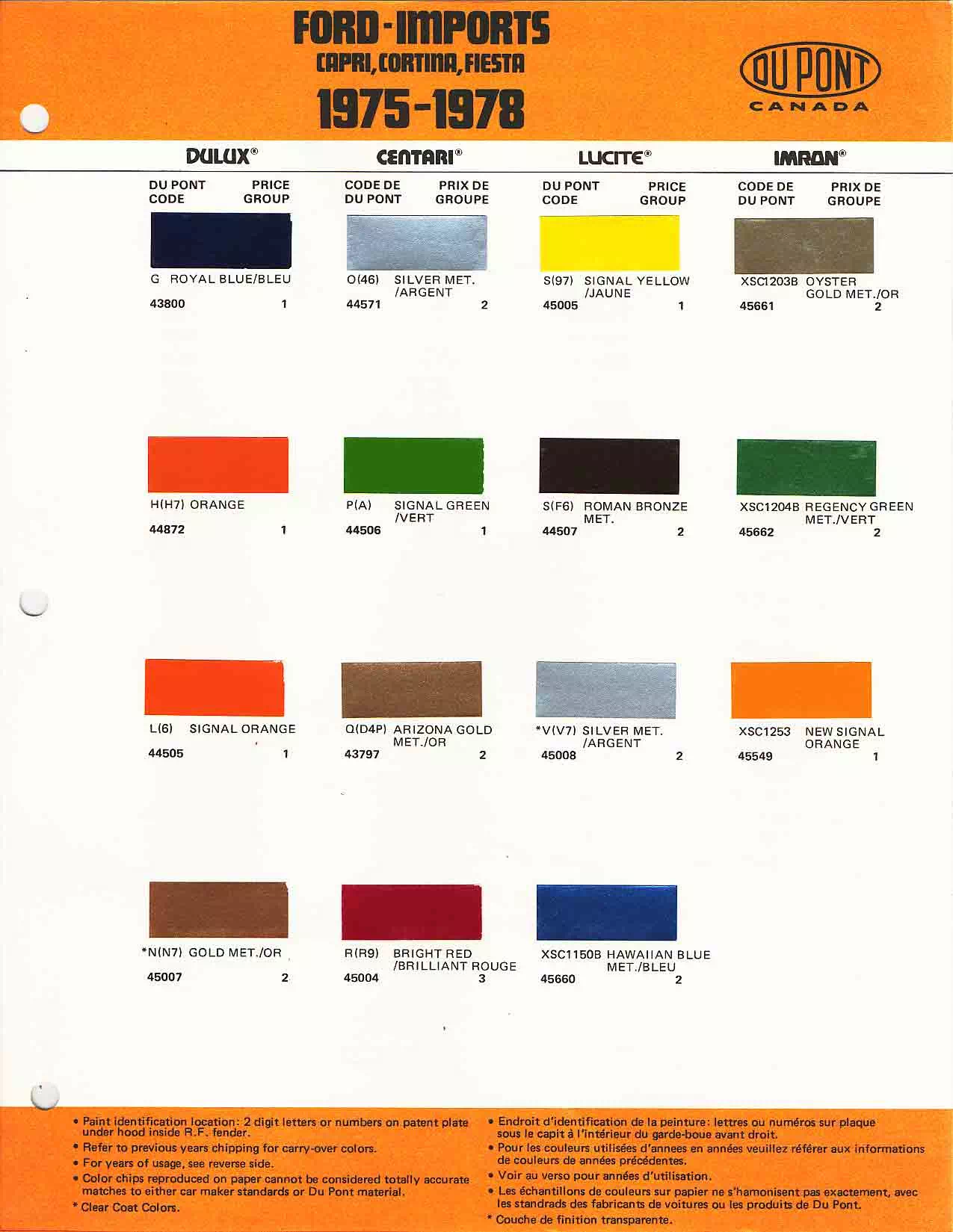 1975-1978 Ford EU Paint Chart color codes, color examples and ordering codes for the vehicle
