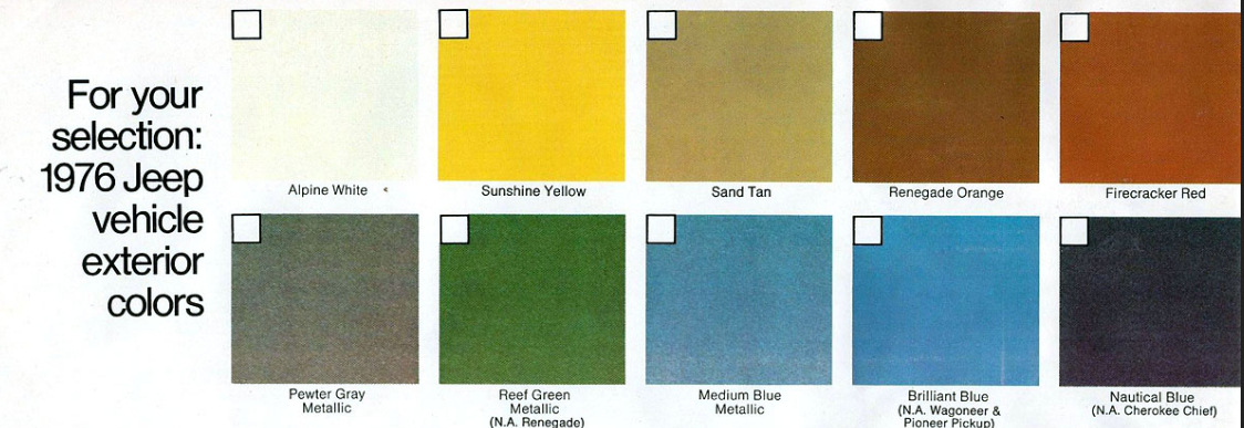 1976 All Model Jeep Color Chart Jeep Paint Codes and Color Chart used for 1979
