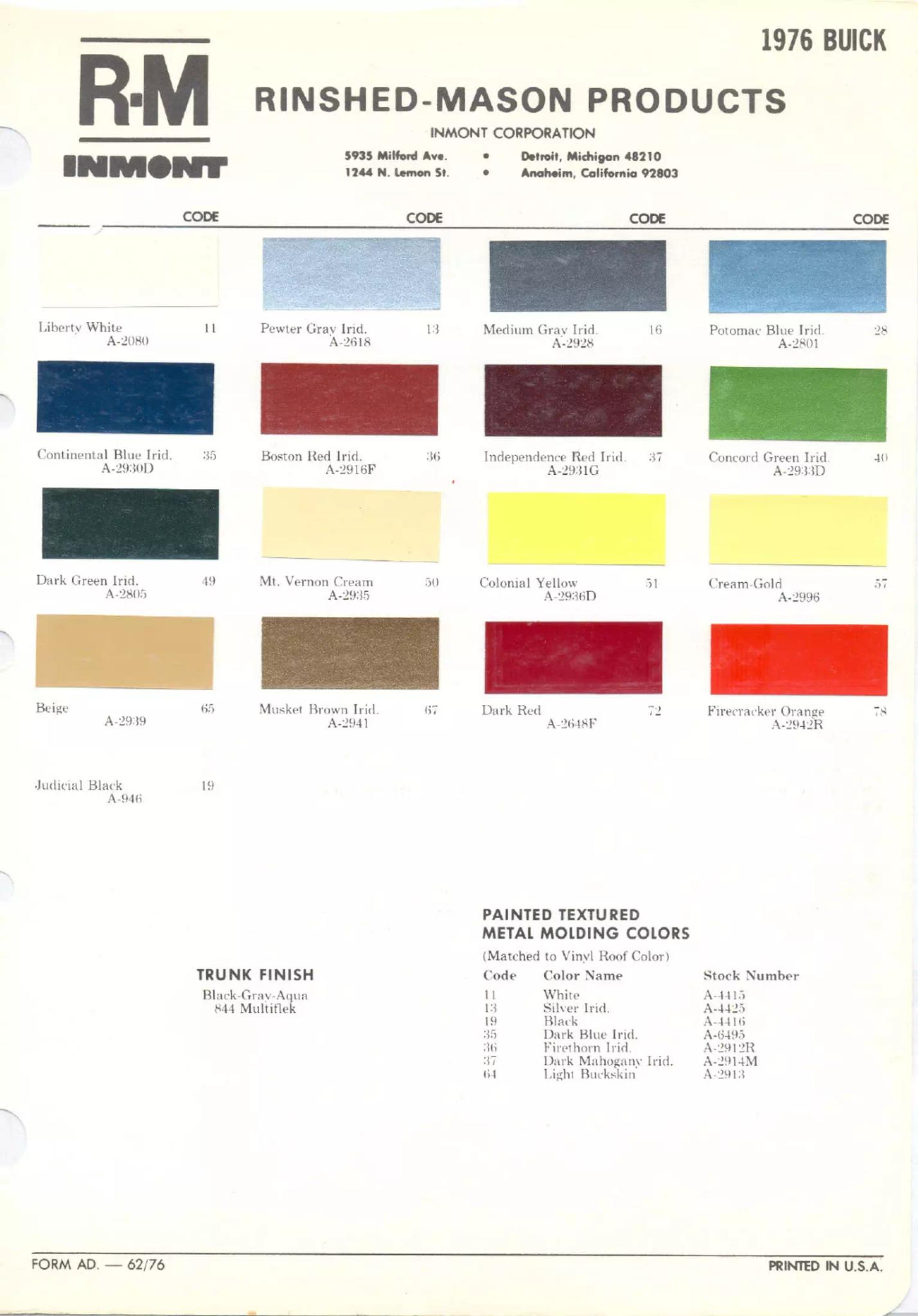 Paint color examples, their ordering codes, the oem color code, and vehicles the color was used on