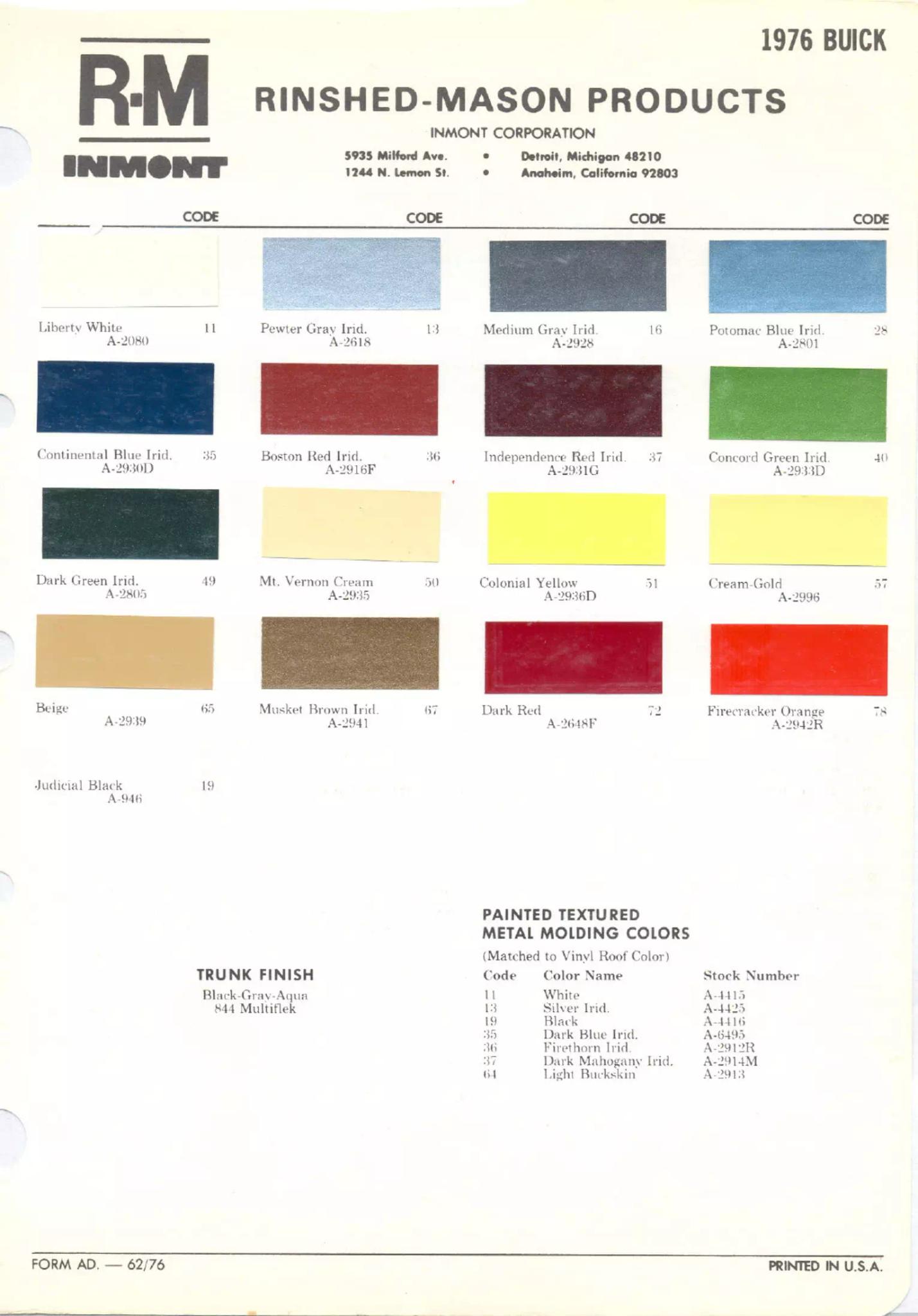 1976 Buick Paint Chart Buick color chart that contains color codes and paint swatches for the exterior color of a Buick vehicle.