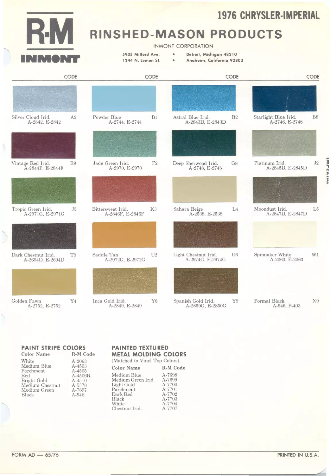 1976 Chrysler Paint Codes & Color Chart