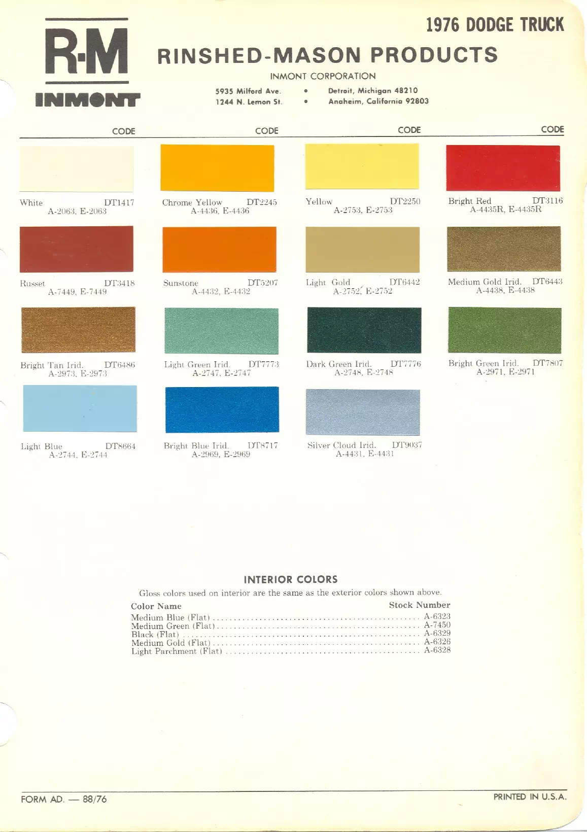 Paint color examples, their ordering codes, the oem color code, and vehicles the color was used on