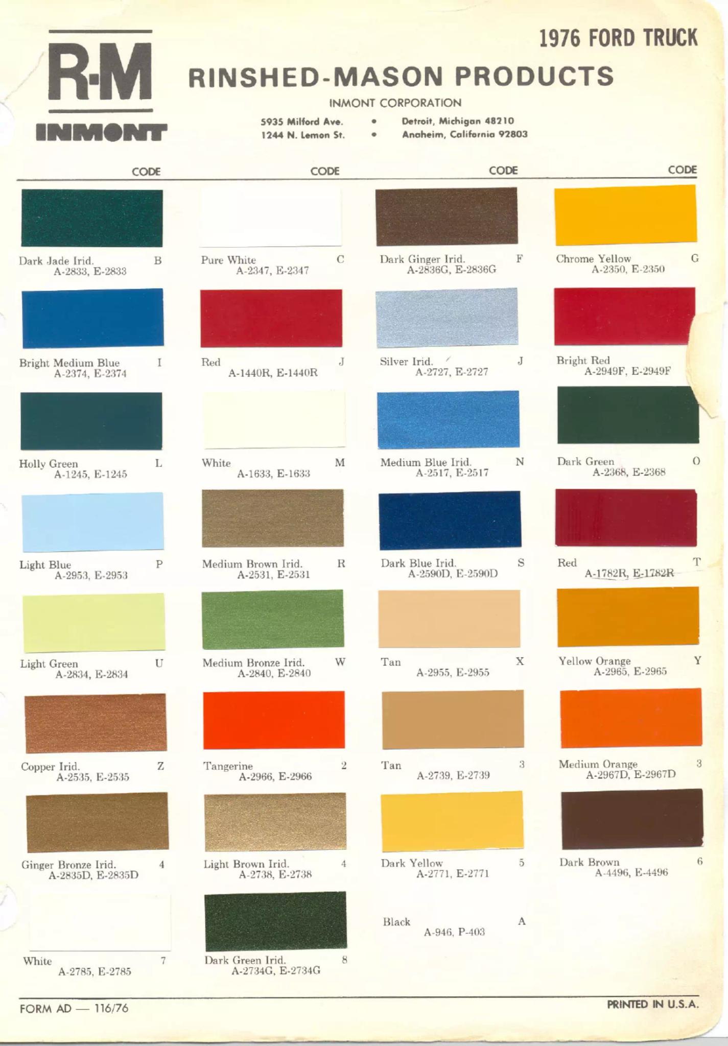 Paint color examples, their ordering codes, the oem color code, and vehicles the color was used on