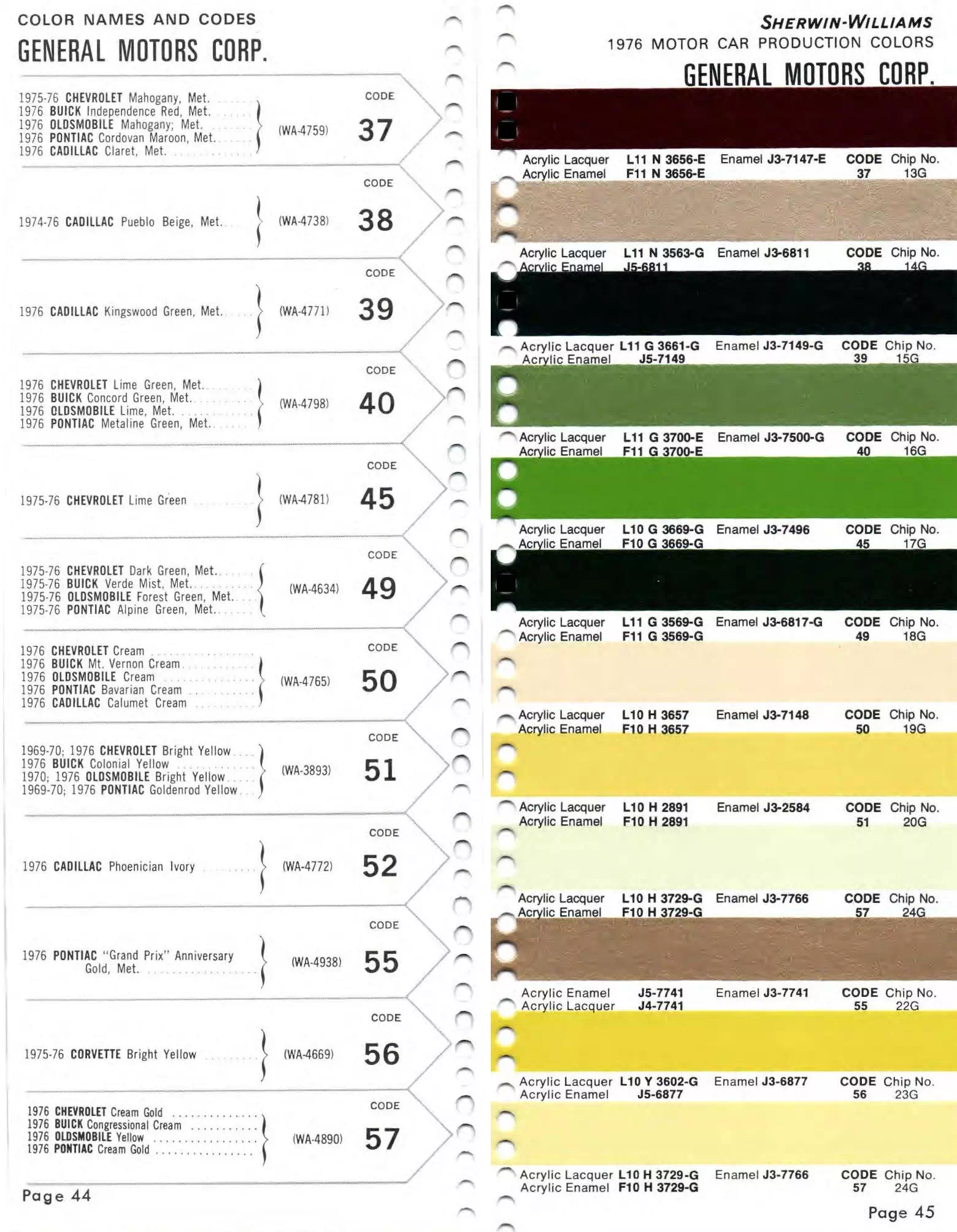 1976 GM Paint Chart Colors, Descriptions, Codes, and Paint Swatches for General Motors Vehicles in 1976