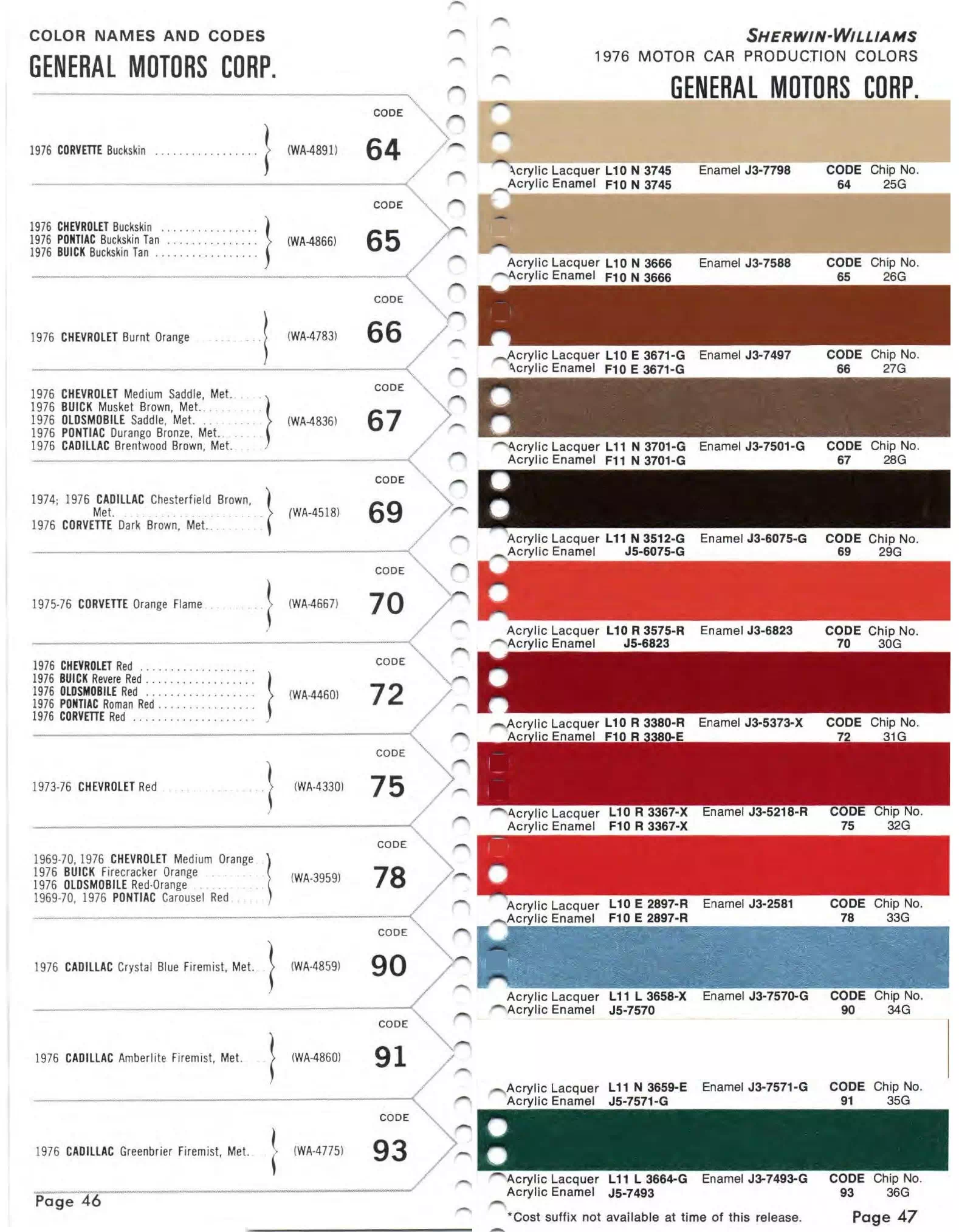 1976 GM Paint Chart Colors, Descriptions, Codes, and Paint Swatches for General Motors Vehicles in 1976