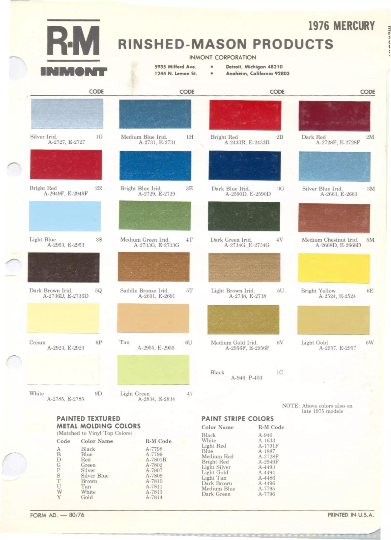 1976 Mercury Paint Chart color codes, color examples and ordering codes for the vehicle