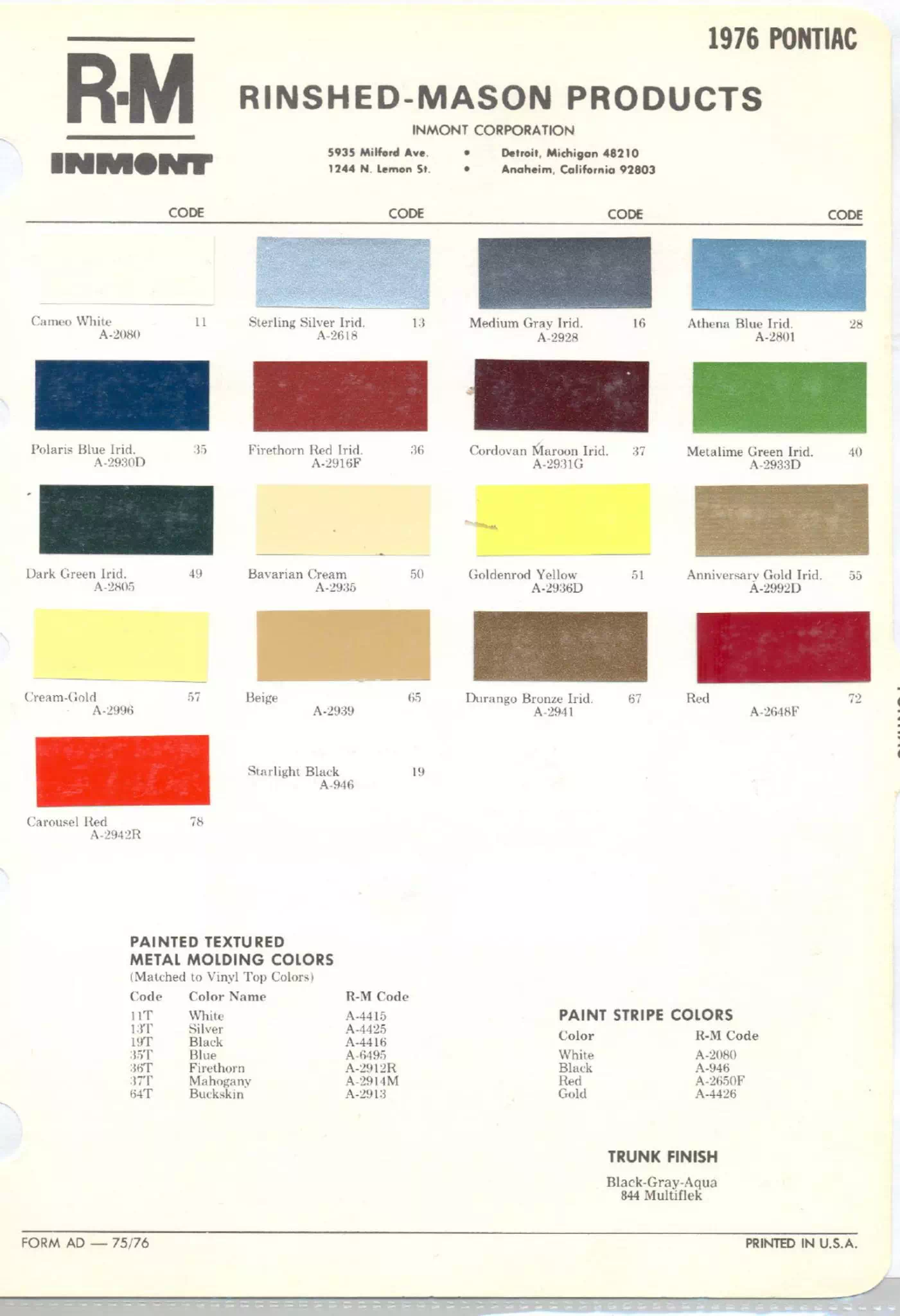 Chart that shows the Colors used on Pontiac Vehicles and the Code to look them up.