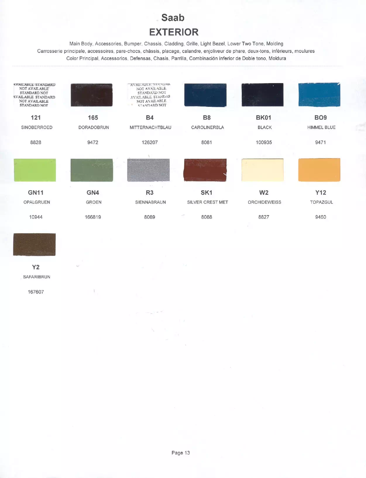 Paint chips of exterior paint colors for Saab vehicles and their ordering paint codes