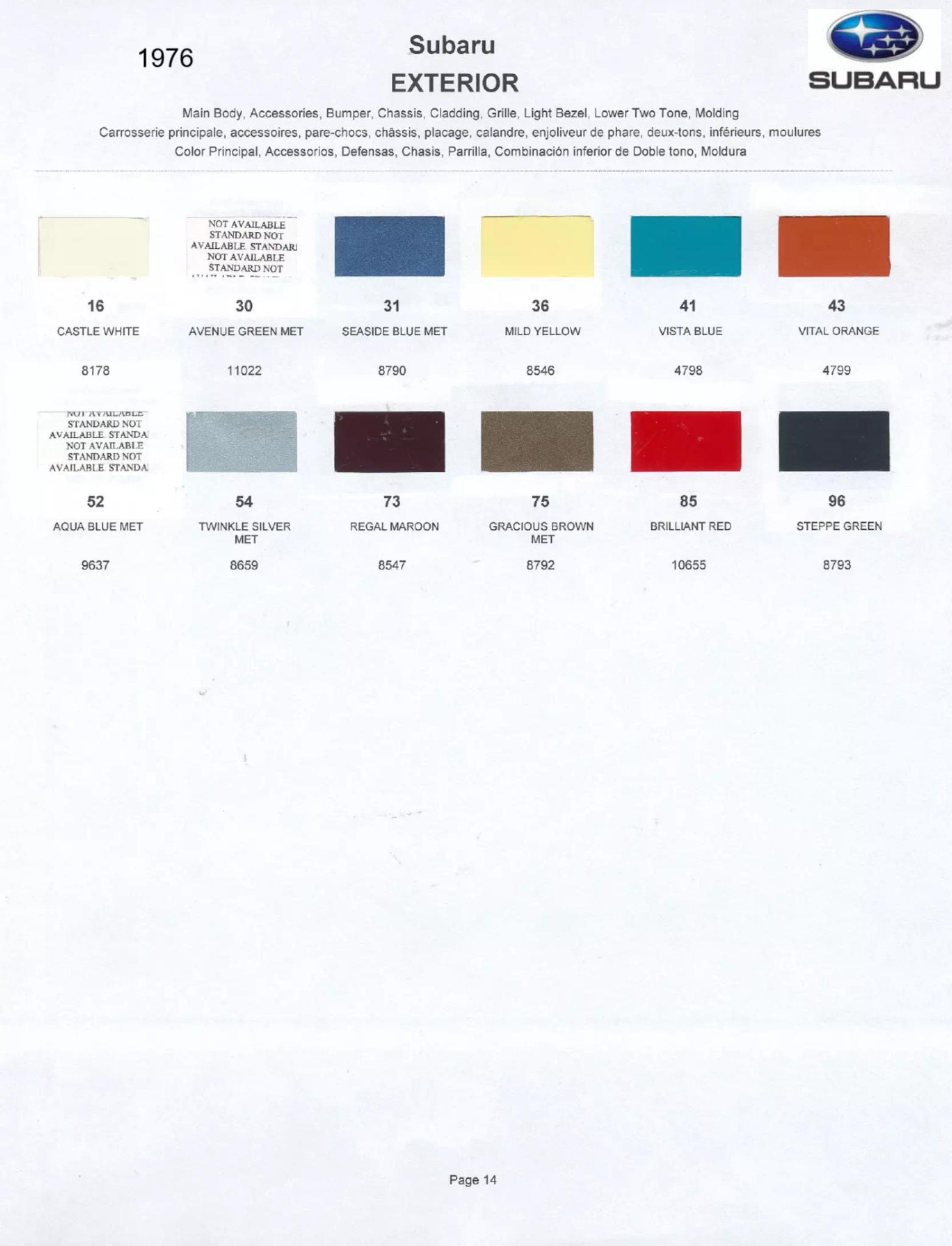 1976 Subaru Paint Chart and Color Codes Paint Color and Codes Used By Subaru