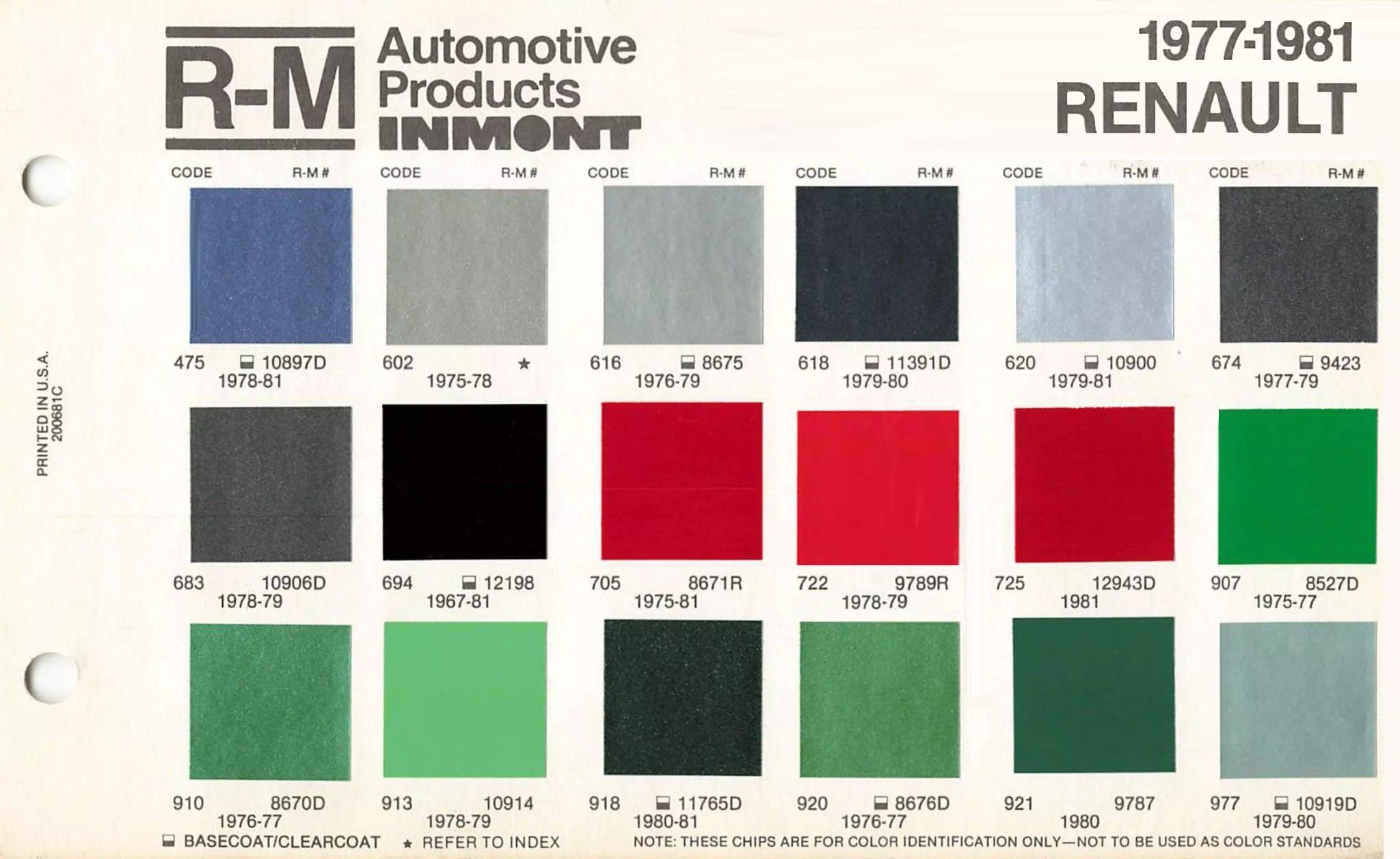 1977 to 1981 Renault Paint Codes & Color Chart Page 2 A paint chart for exterior colors, their codes, their names, and swatches for Renault automobiles.