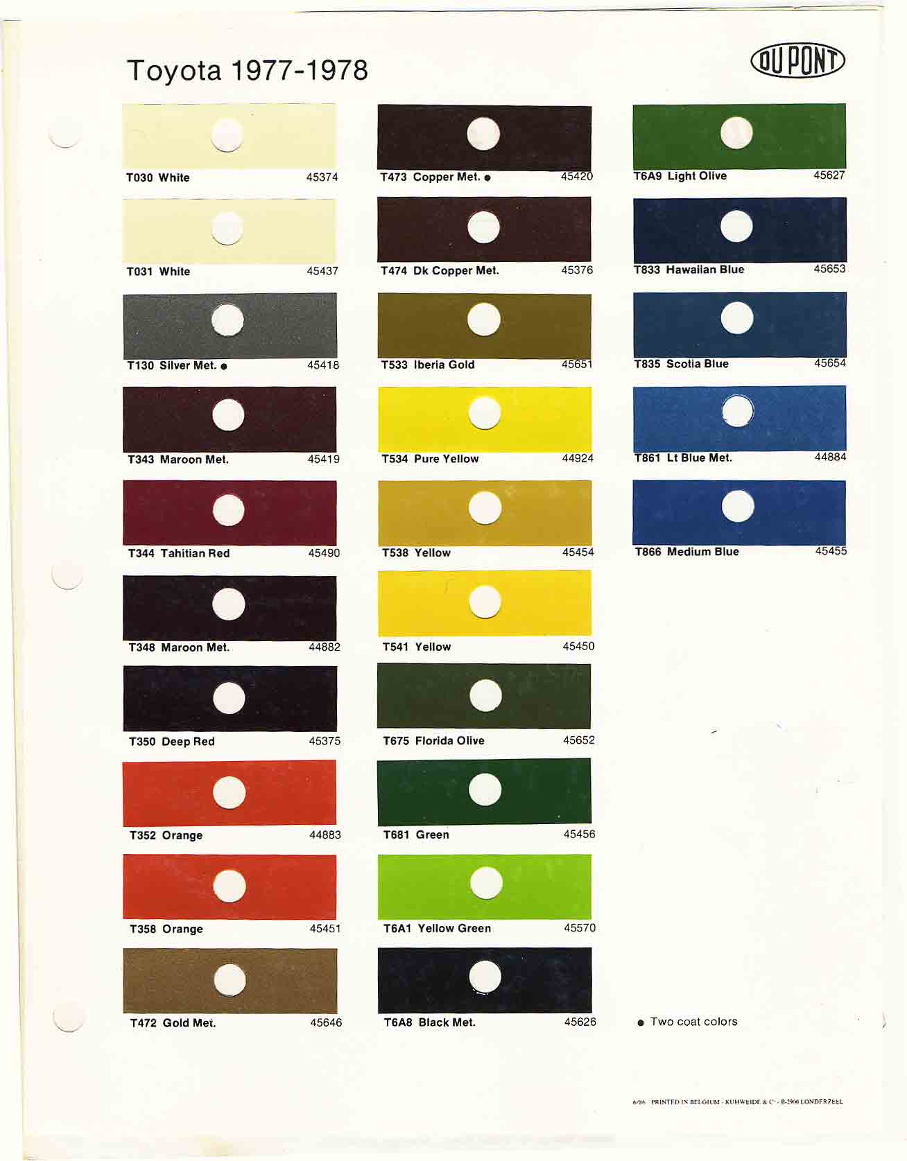 1977-1979 Toyota Toyota Paint Codes, Toyota Color Chart